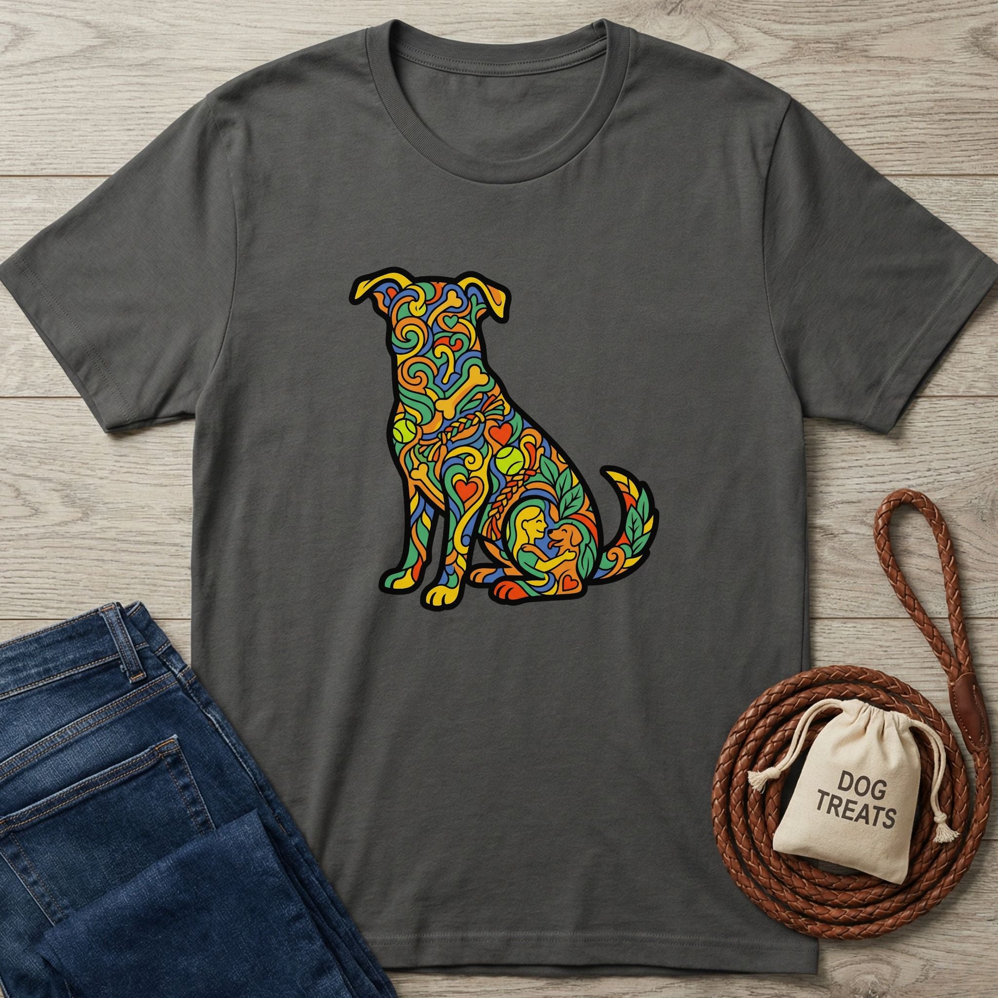 Charcoal gray t-shirt with a vibrant, colorful dog silhouette design, next to jeans and dog treats.