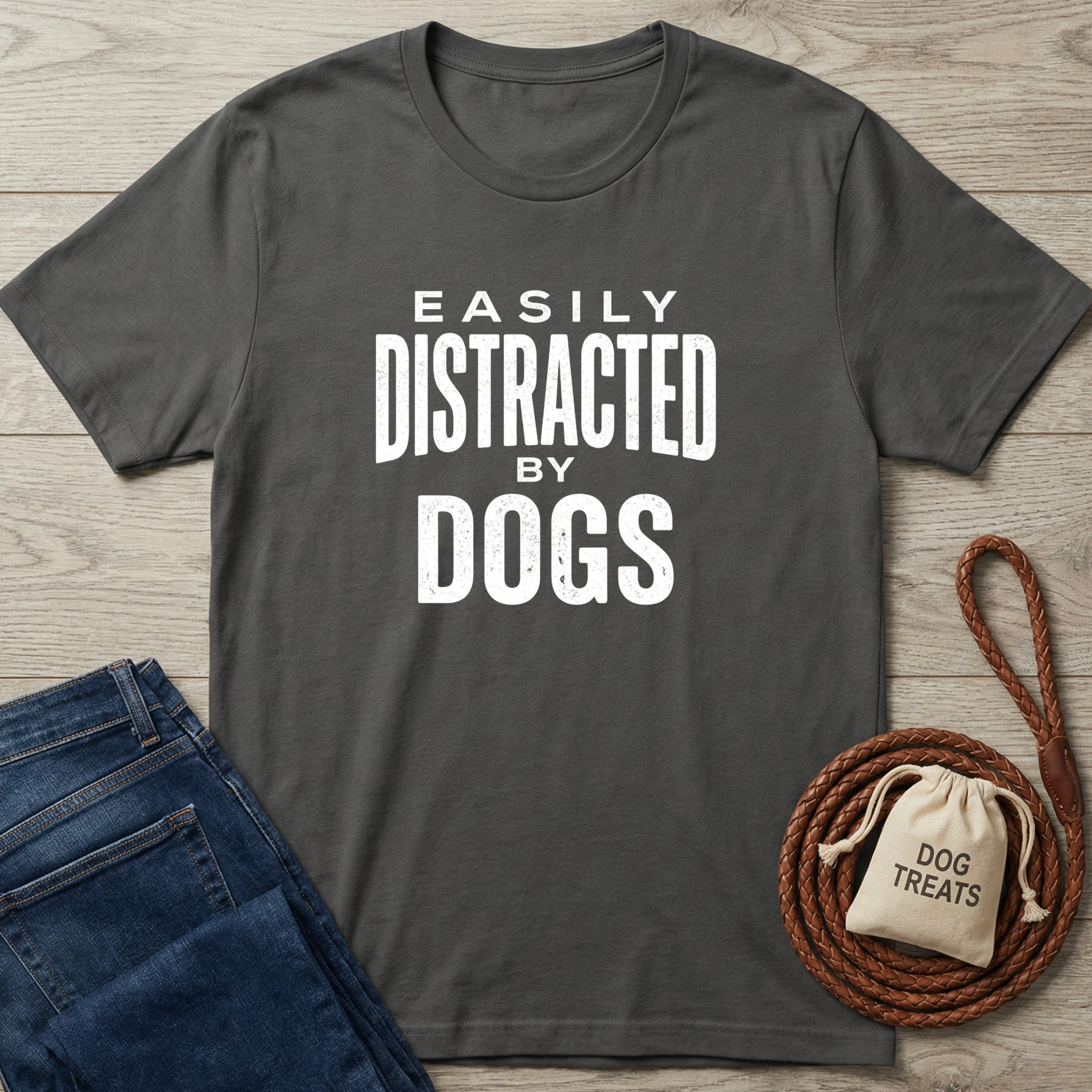 Dark grey Gildan Softstyle® t-shirt with "Easily Distracted By Dogs" in white text, next to jeans and dog accessories.