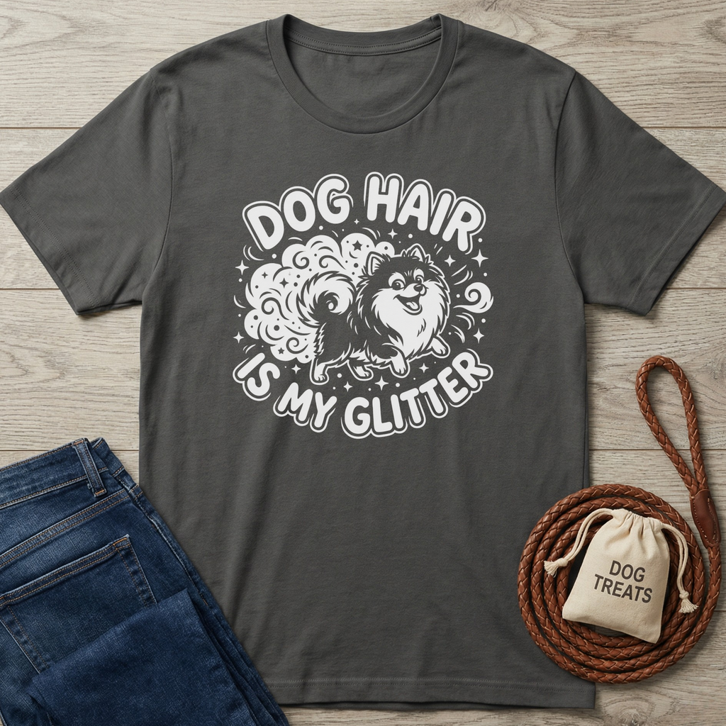 Charcoal gray cotton t-shirt with "Dog Hair Is My Glitter" text and a fluffy Pomeranian graphic.