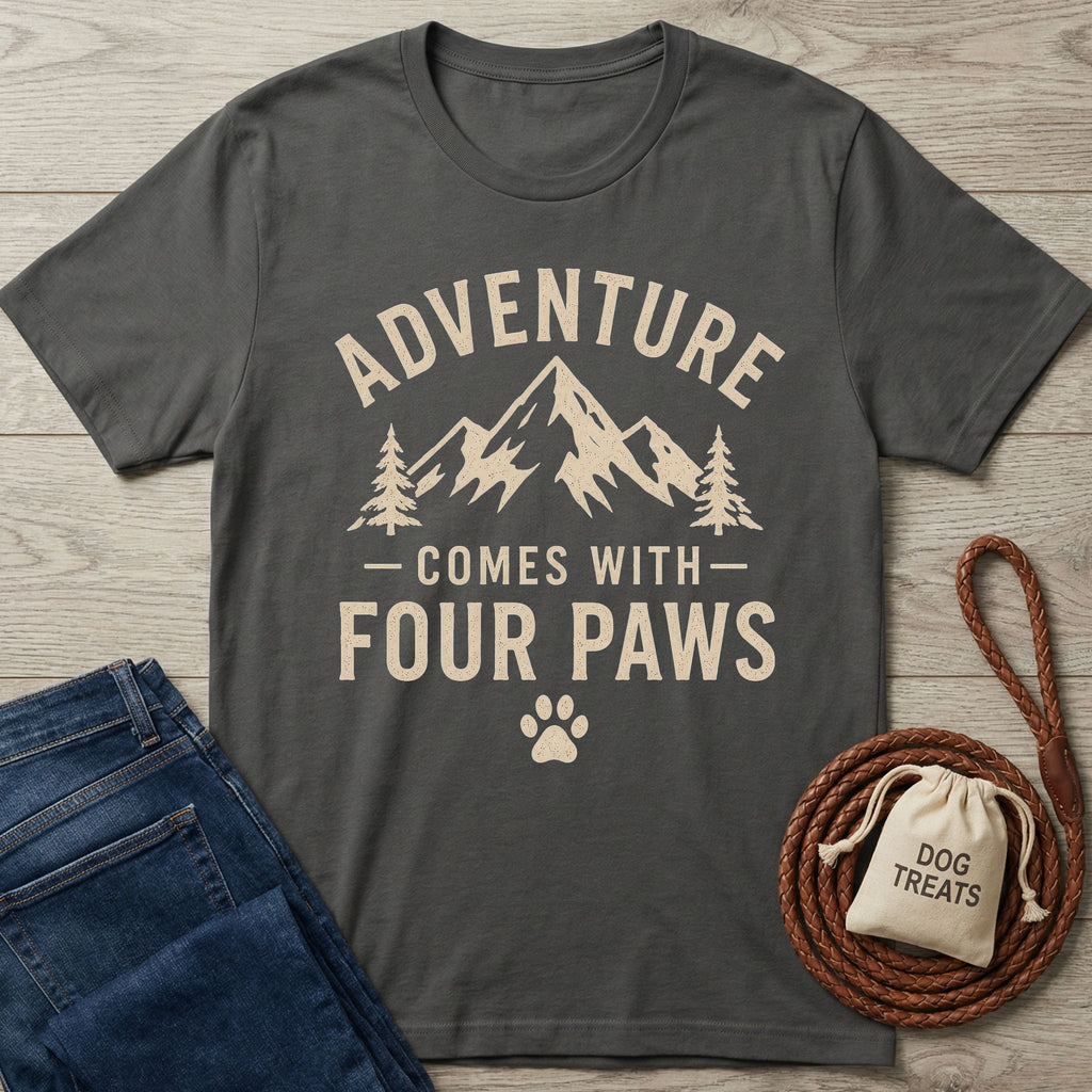 Charcoal gray "Adventure Comes With Four Paws" t-shirt with mountain graphic, next to jeans and dog treats.