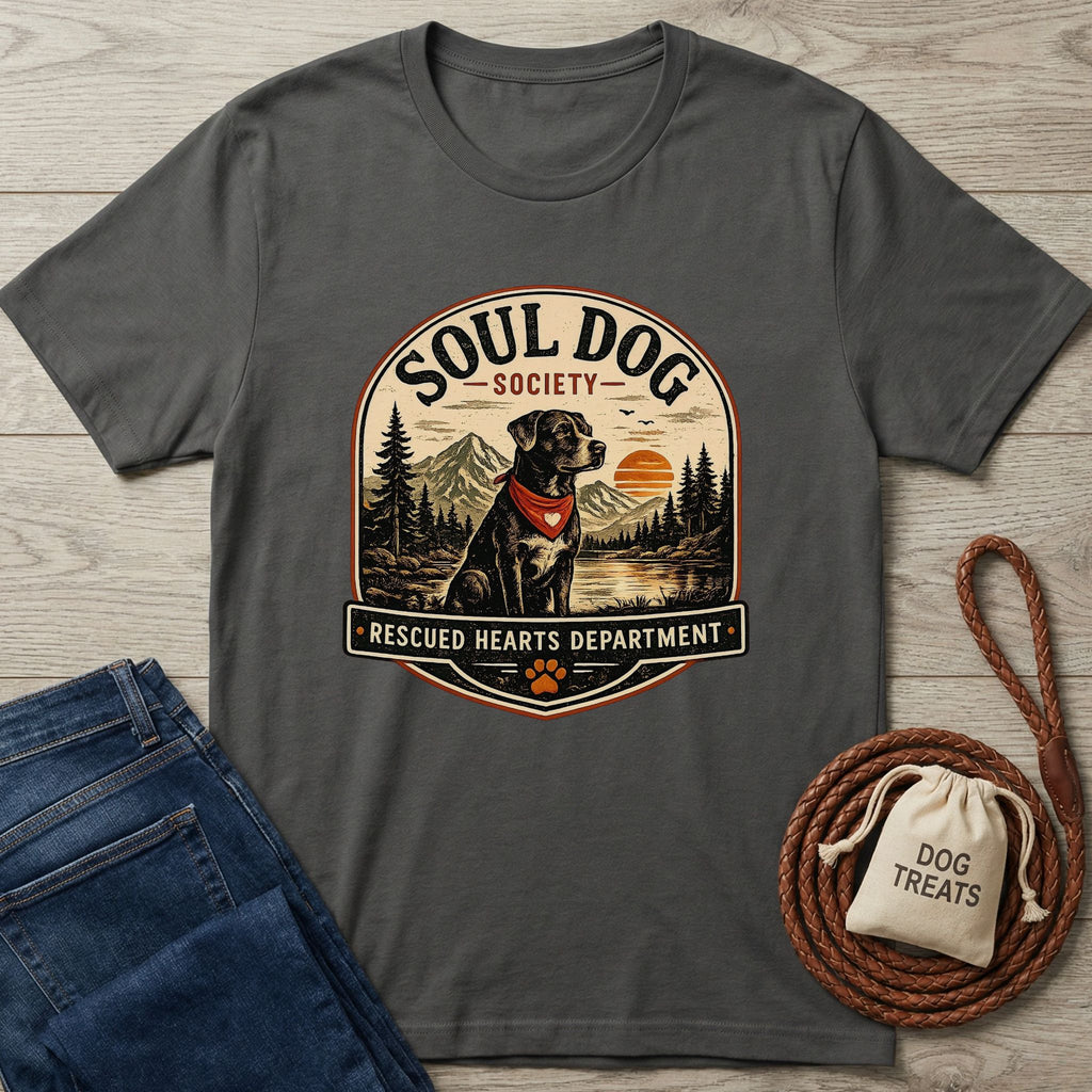 Charcoal gray cotton t-shirt with "Soul Dog Society" graphic featuring a black dog in a red bandana by a sunset lake.
