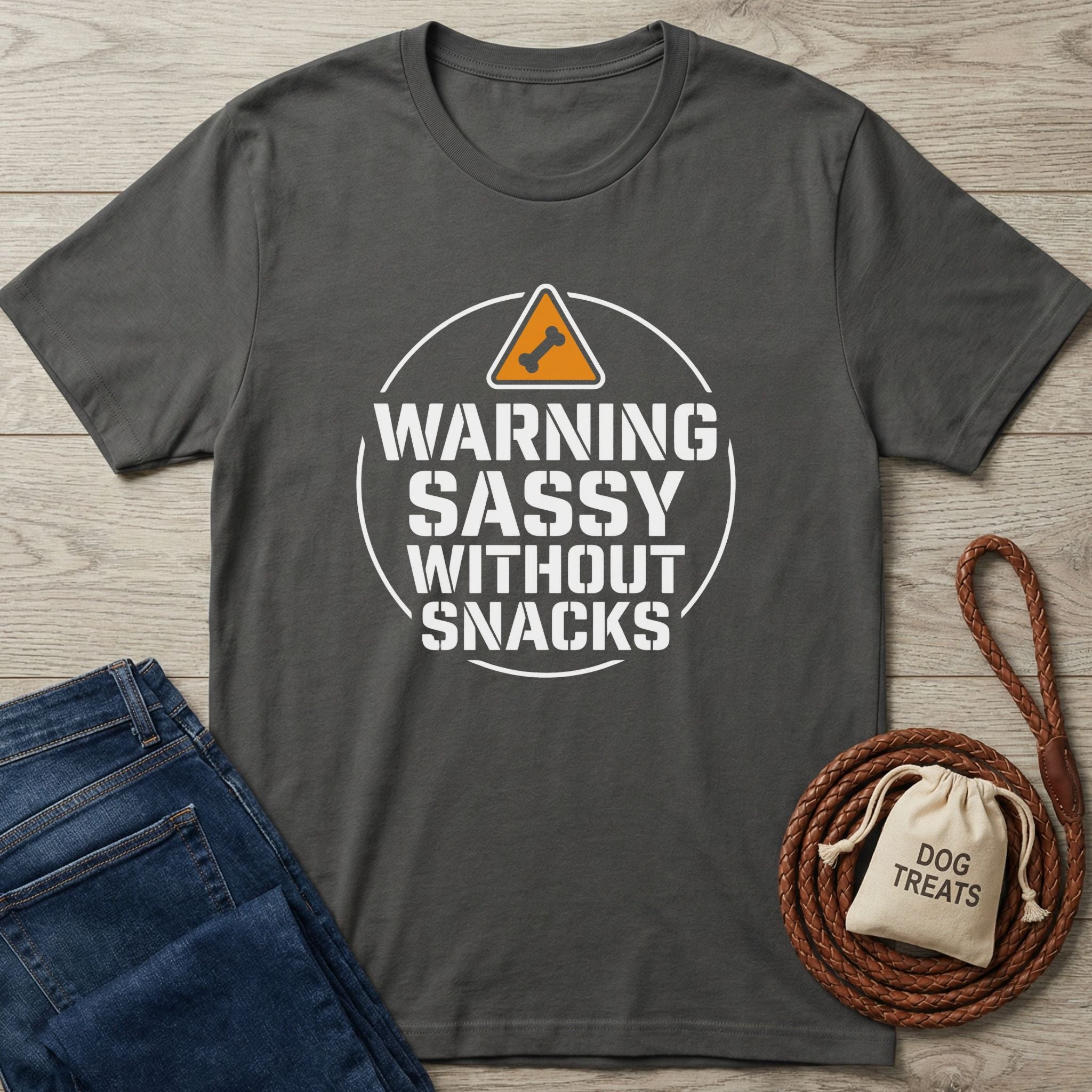Charcoal grey Gildan Softstyle t-shirt with "WARNING SASSY WITHOUT SNACKS" graphic, dog treats, and leash.