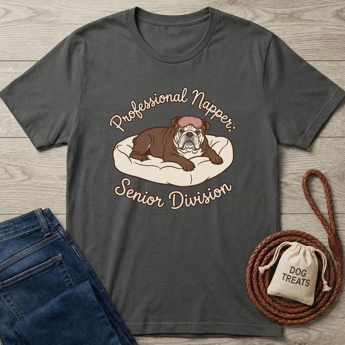 Charcoal gray cotton t-shirt with a bulldog napping on a bed, text "Professional Napper: Senior Division.