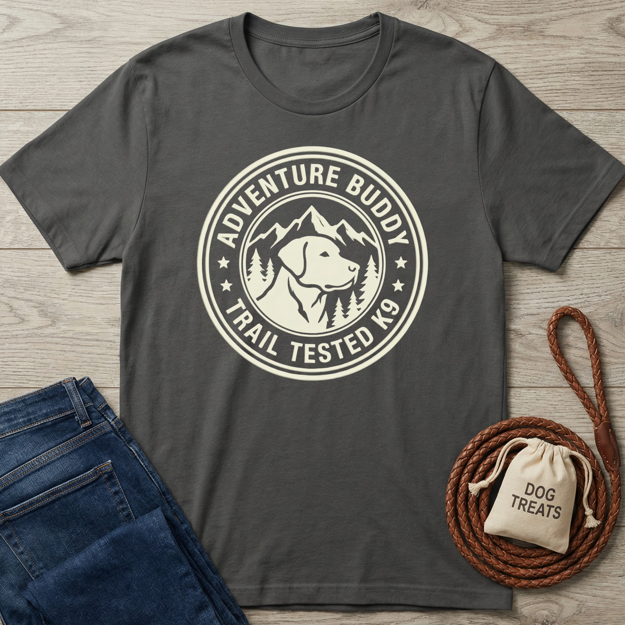 Charcoal gray cotton t-shirt with "Adventure Buddy Trail Tested K9" logo featuring a dog and mountains.