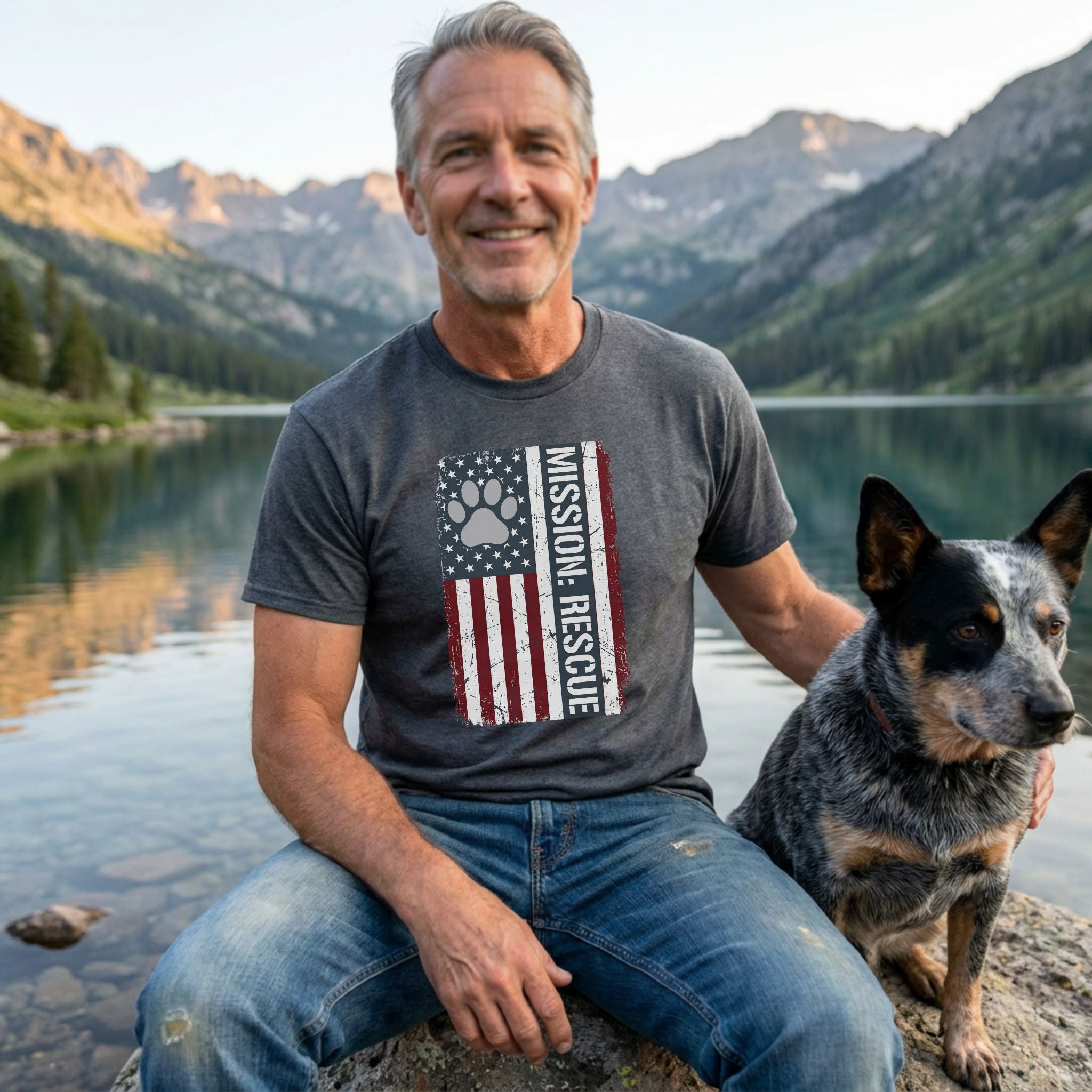 Man in a charcoal grey "Mission: Rescue" tee with an American flag and paw print design, sitting with a dog by a lake.