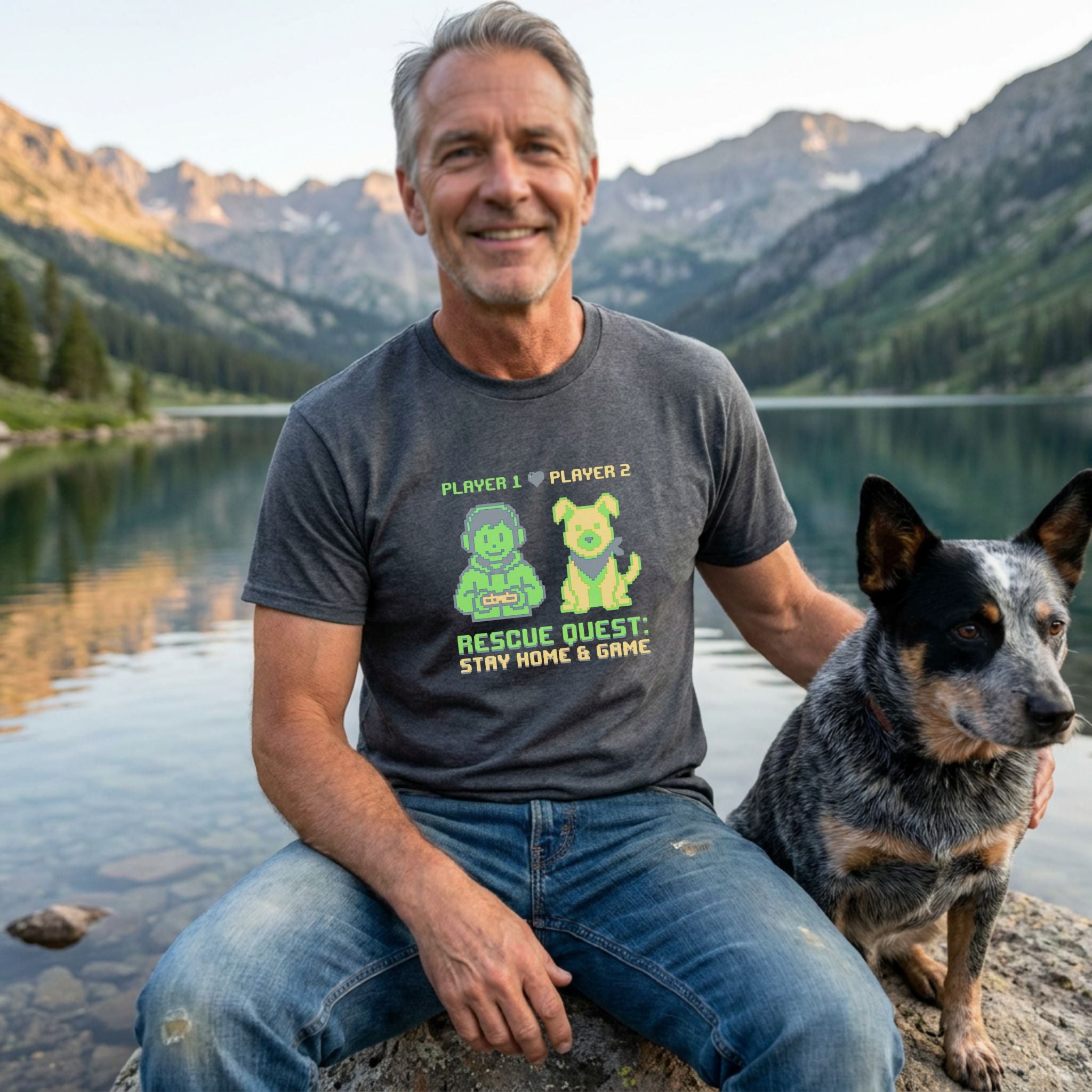 Man in a charcoal grey "Rescue Quest" tee with pixelated dog and gamer graphics, sitting by a lake with a blue heeler dog.