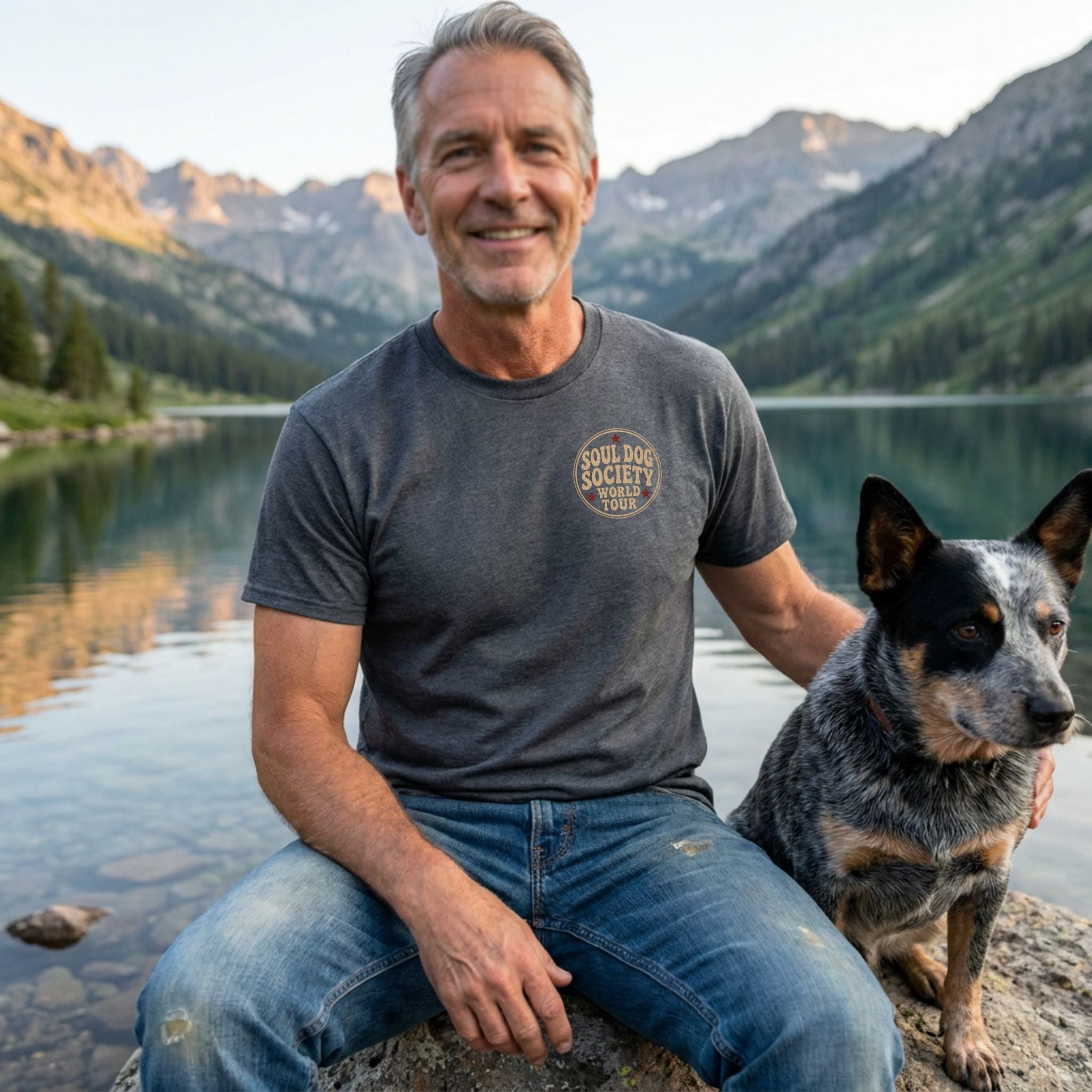 Man in a charcoal grey Soul Dog World Tour t-shirt and jeans, sitting with a blue heeler dog by a mountain lake.