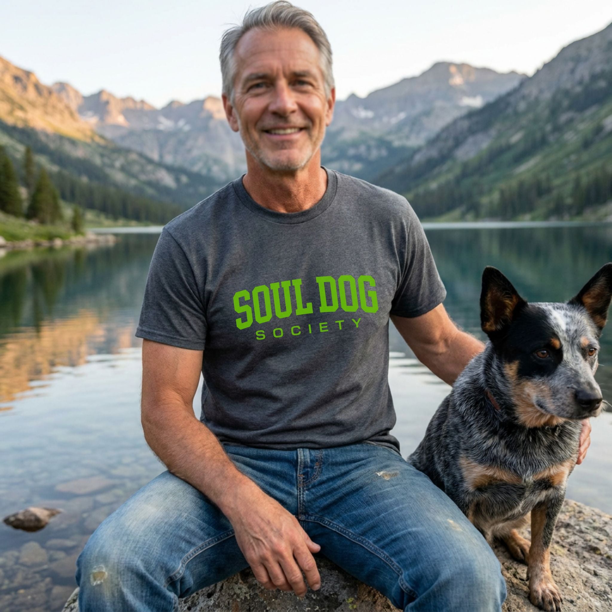 Man in a charcoal gray Soul Dog Society t-shirt with a blue heeler by a mountain lake.