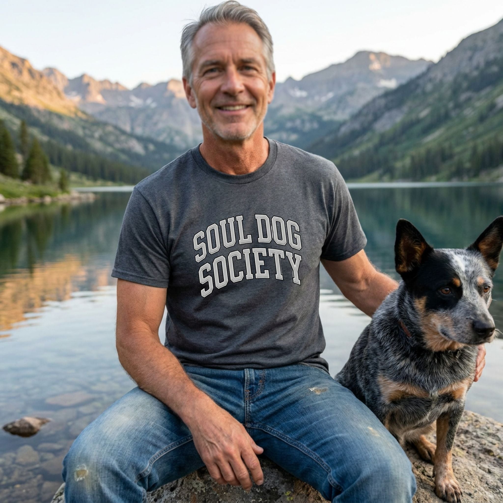 Man in a grey "Soul Dog Society" t-shirt and jeans with a blue heeler dog by a mountain lake.