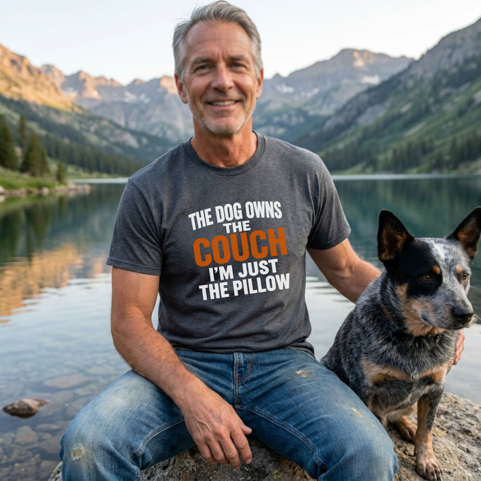 Man in a charcoal grey "Dog Owns The Couch" t-shirt with a blue heeler dog by a mountain lake.