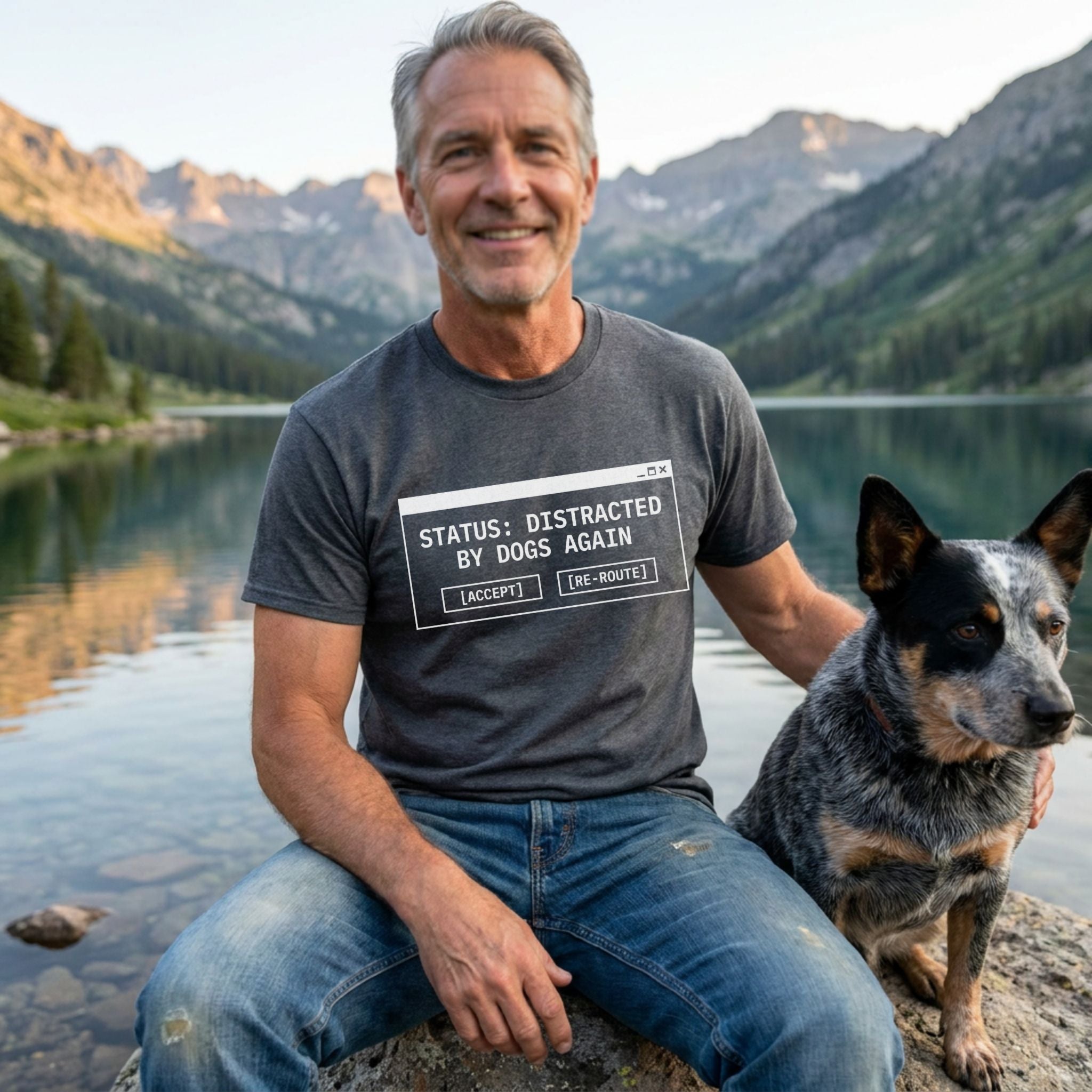 Man in a charcoal grey "Status: Distracted By Dogs Again" t-shirt and jeans, sitting by a lake with a blue heeler dog.