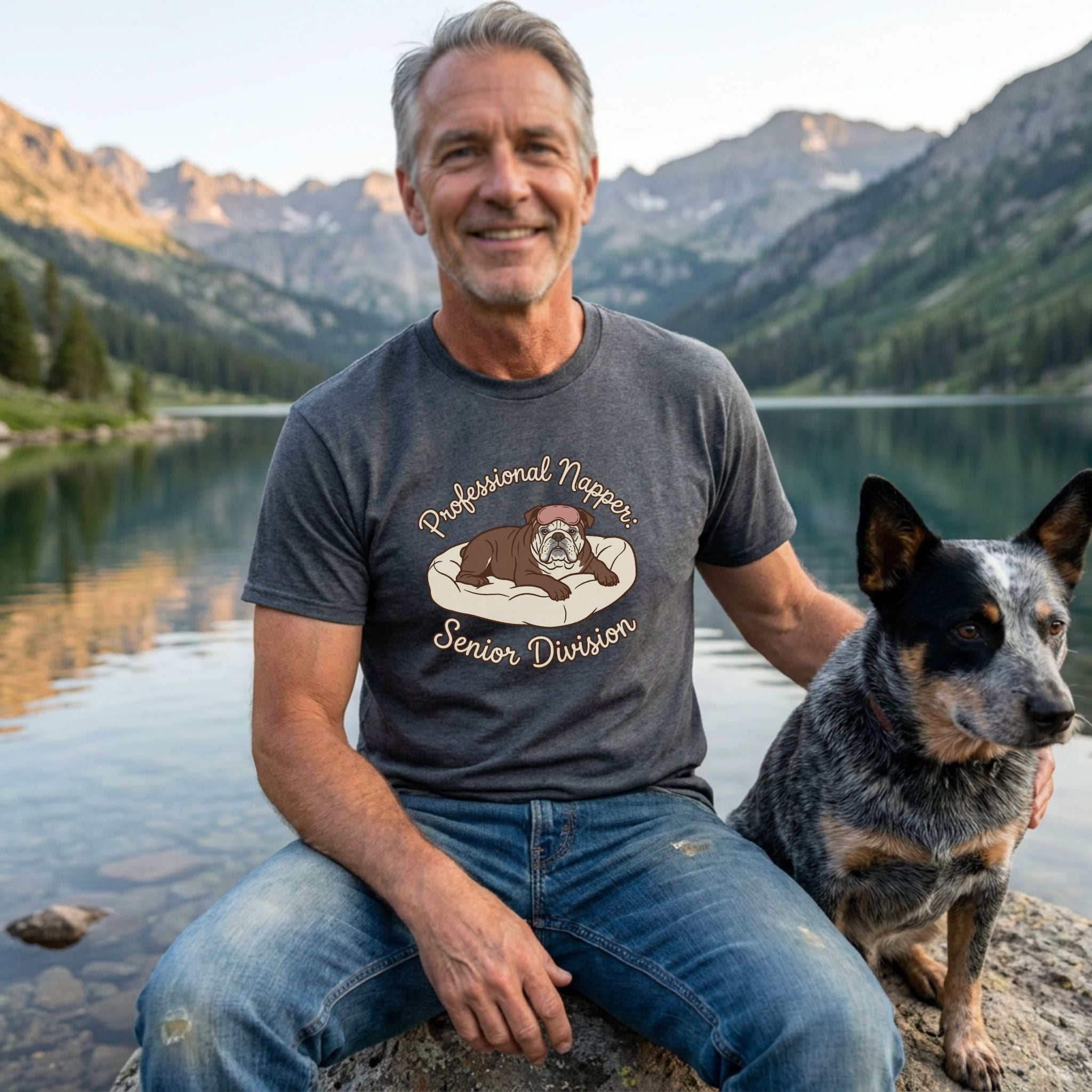 Man in a charcoal grey "Professional Napper Senior Division" t-shirt with a bulldog graphic, sitting by a lake with a dog.