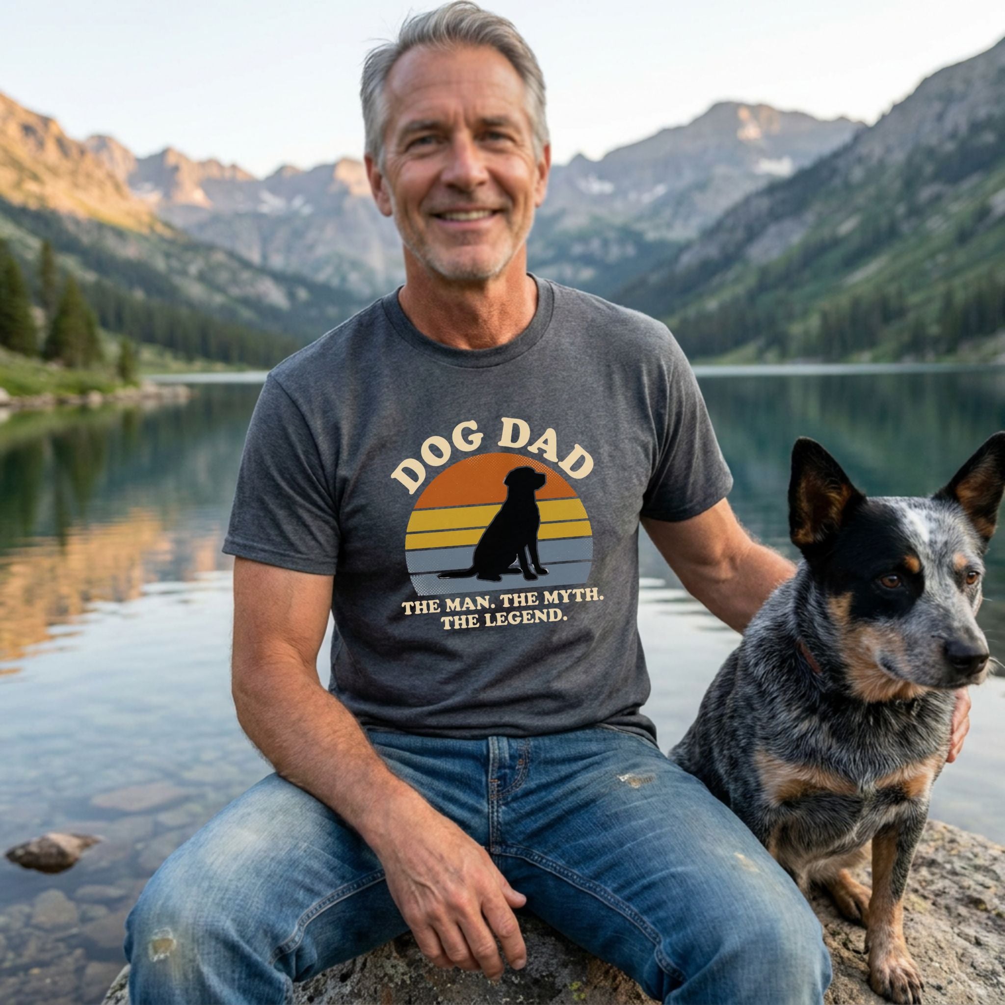 Smiling man in a charcoal "Dog Dad" tee with a sunset and dog silhouette, next to a blue heeler by a mountain lake.