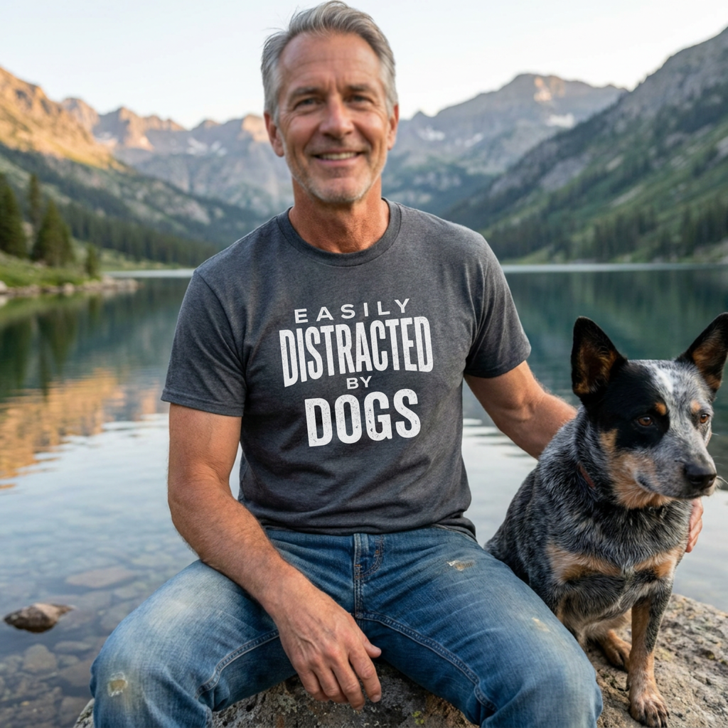 Man in a charcoal grey "Easily Distracted By Dogs" t-shirt and jeans, sitting with a blue heeler dog by a mountain lake.