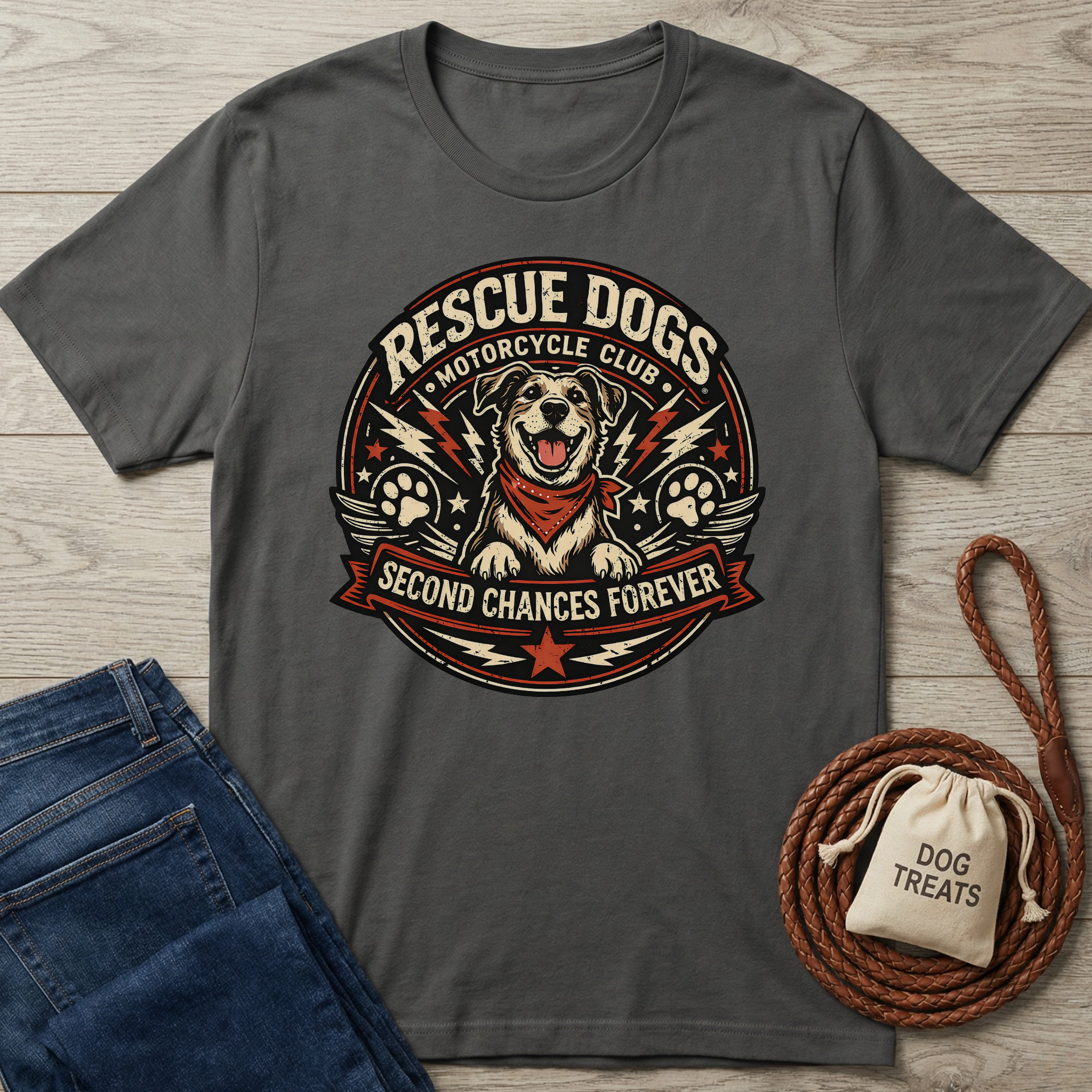 Charcoal gray cotton t-shirt with "Rescue Dogs Motorcycle Club" logo featuring a happy dog, paws, and lightning bolts.