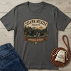 Dark gray cotton t-shirt with "Silver Muzzle Society" graphic featuring a sleeping senior dog, cabin, and sunset.