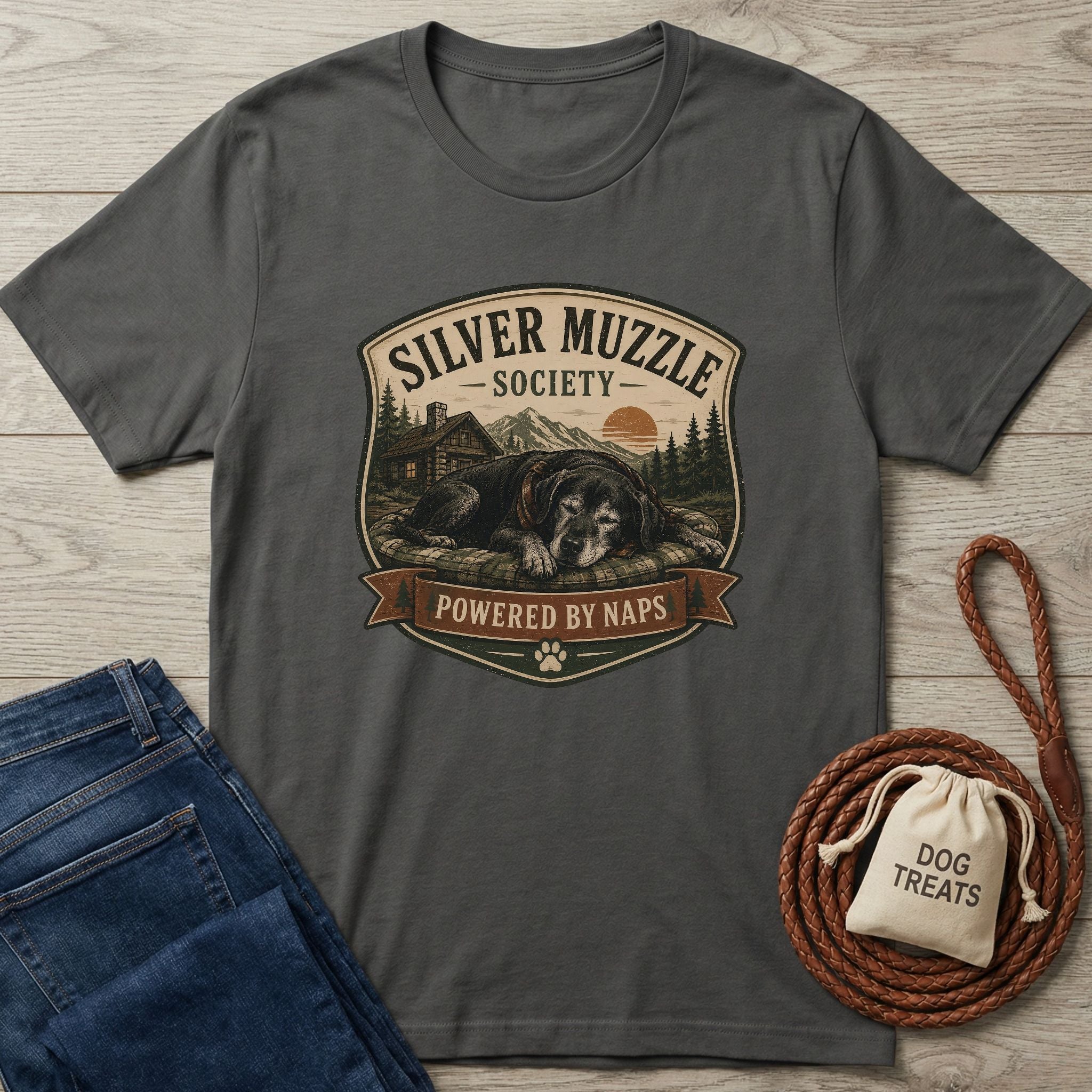 Dark gray cotton t-shirt with "Silver Muzzle Society" graphic featuring a sleeping senior dog, cabin, and sunset.