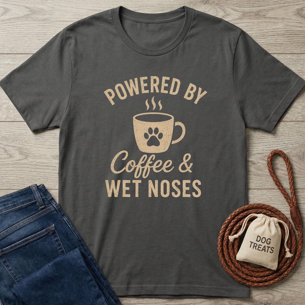 Charcoal gray "Powered by Coffee & Wet Noses" t-shirt with a coffee cup and paw print design.