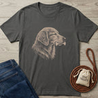 Charcoal gray t-shirt with a sketch-style tan dog holding a bone.