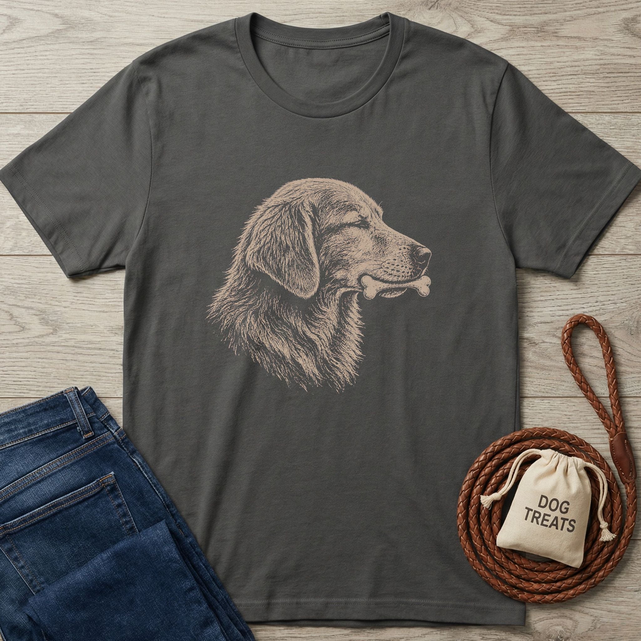 Charcoal gray t-shirt with a sketch-style tan dog holding a bone.