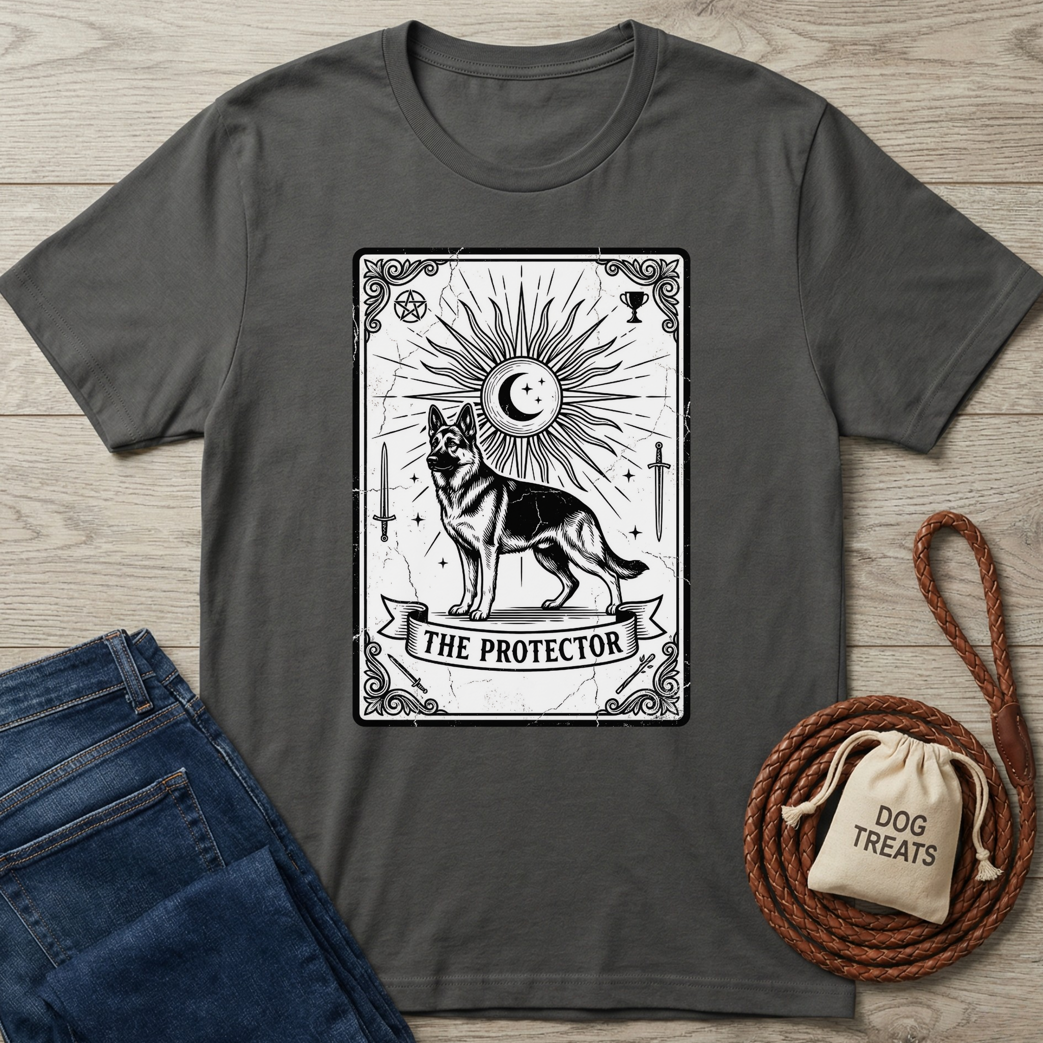 Charcoal gray cotton t-shirt with "The Protector" Tarot card design featuring a German Shepherd.