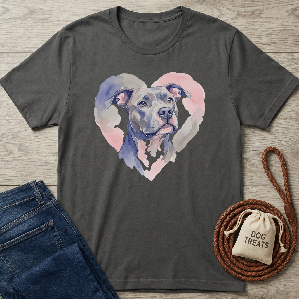 Charcoal gray Pitbull Heart T-shirt with a watercolor pitbull in a pink and blue heart design.