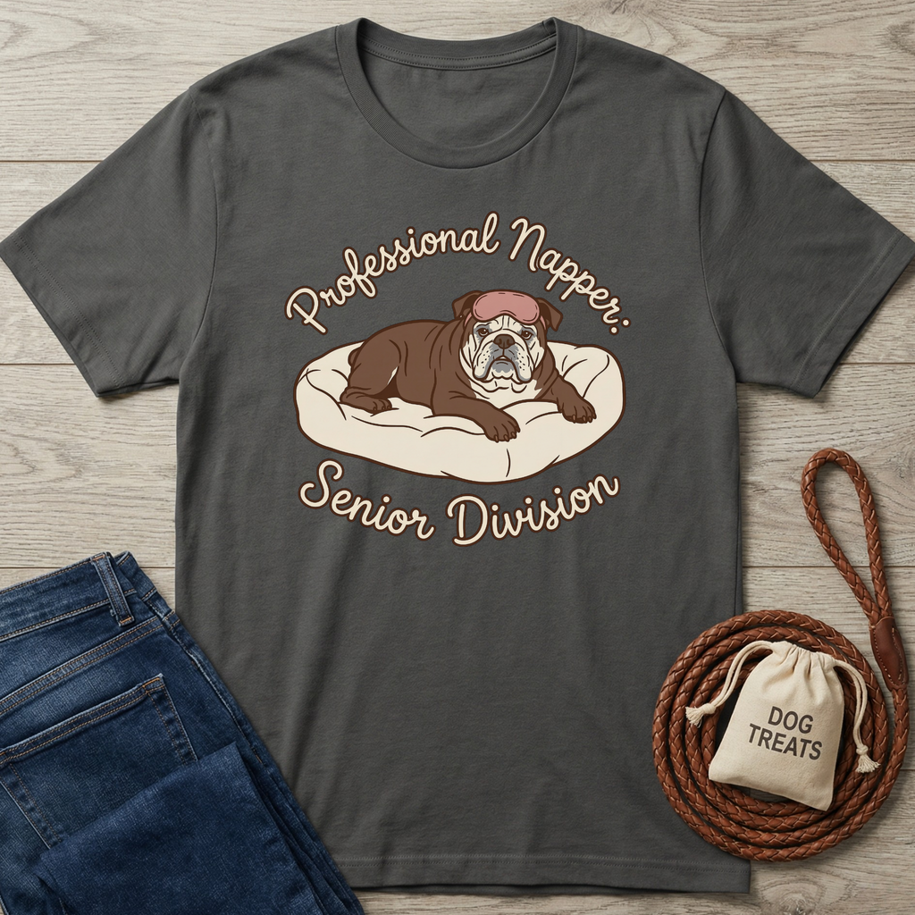 Charcoal gray cotton t-shirt with a sleeping bulldog in a bed and "Professional Napper: Senior Division" text.