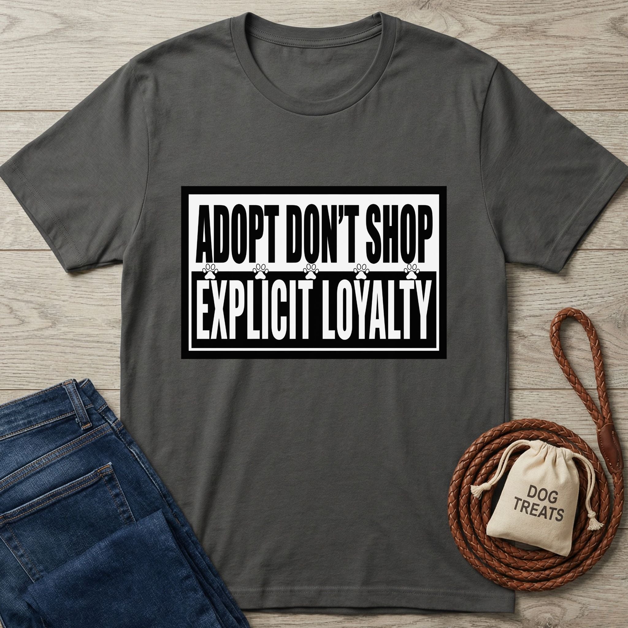 Charcoal grey Gildan Softstyle t-shirt with "ADOPT DON'T SHOP EXPLICIT LOYALTY" text, paw prints, jeans, and dog treats.