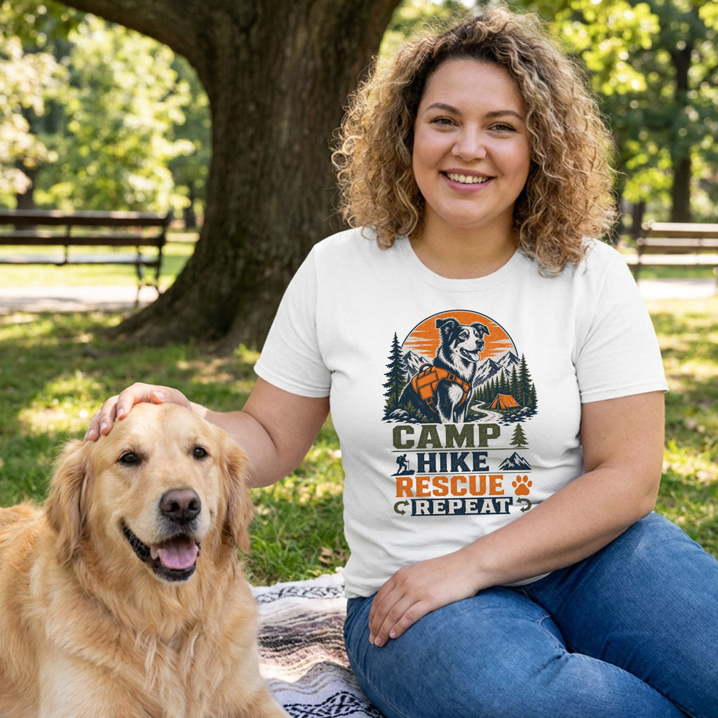 Woman wearing a white graphic t-shirt featuring a dog, mountain, and Camp Rescue Repeat text, sitting with a golden retriever.