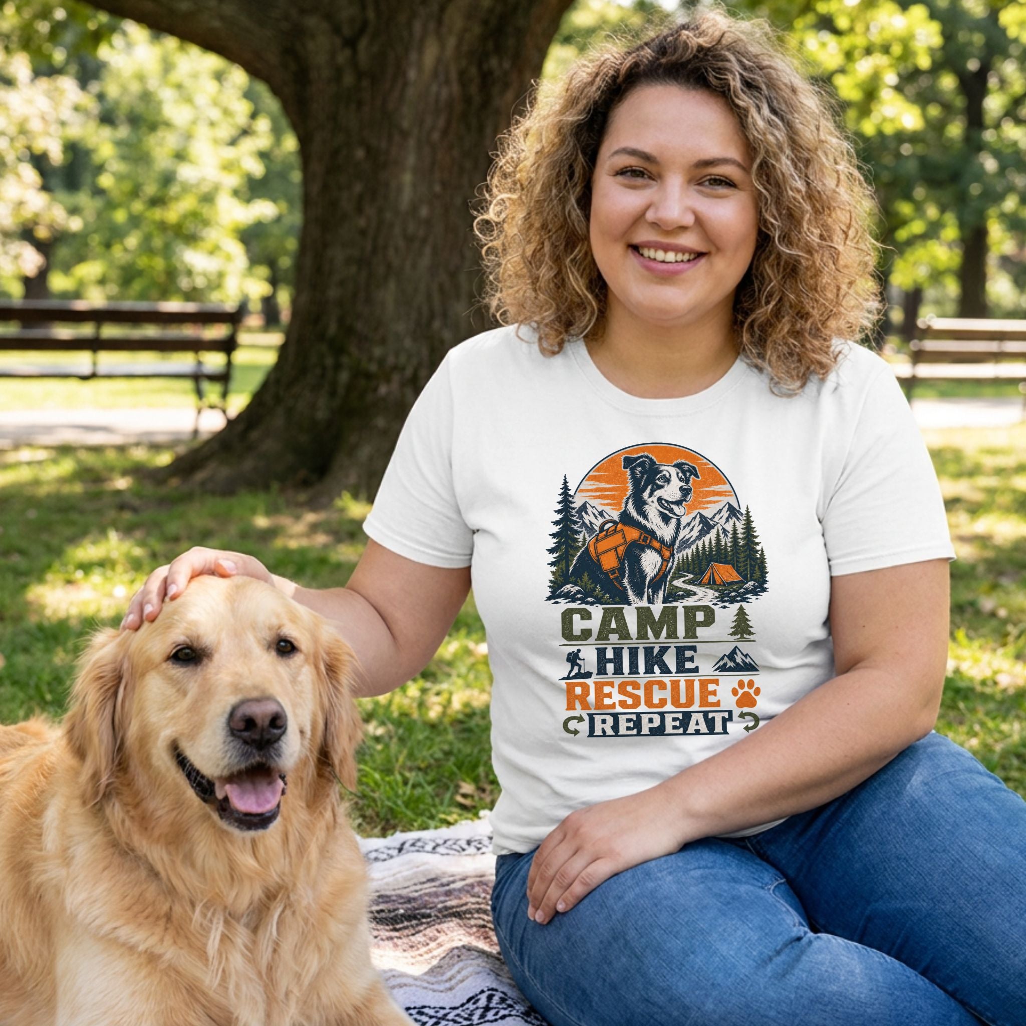 Woman wearing a white graphic t-shirt featuring a dog, mountain, and Camp Rescue Repeat text, sitting with a golden retriever.