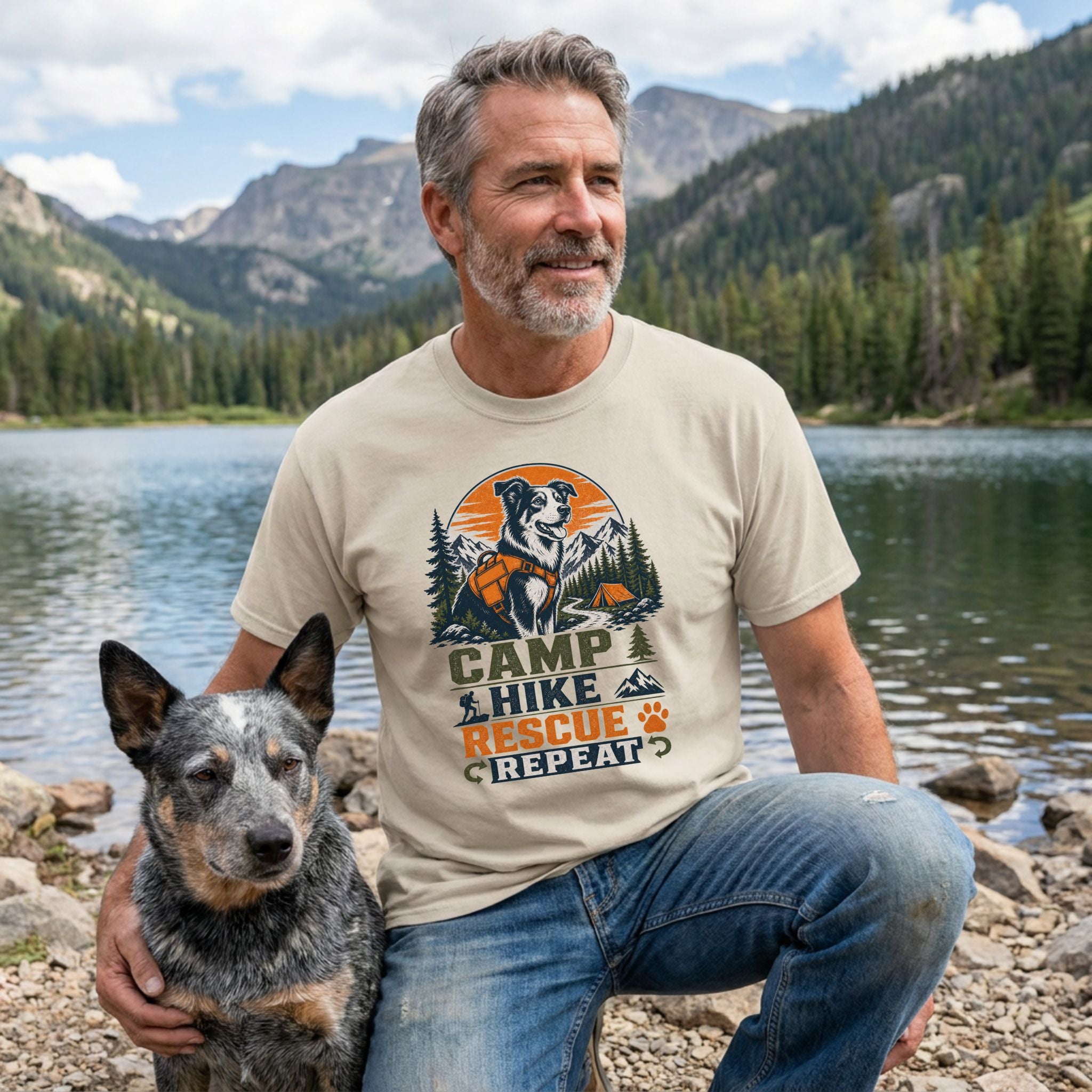 Man wearing a beige t-shirt with a Camp Hike Rescue Repeat graphic, featuring a dog illustration by a mountain lake.