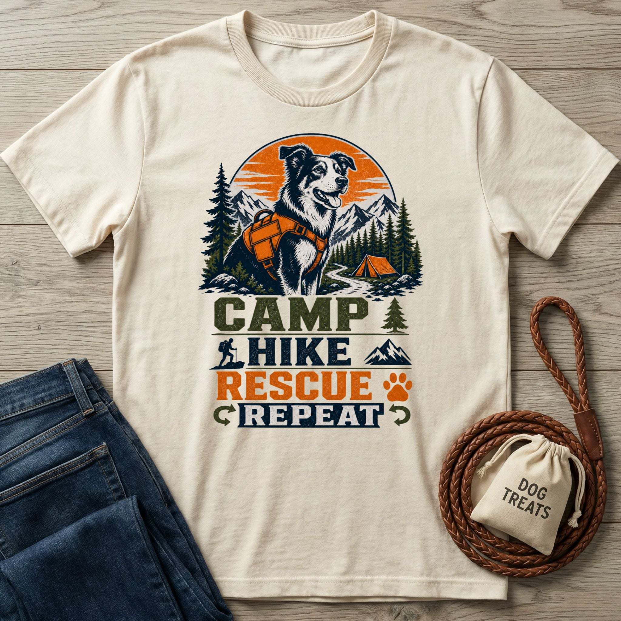 Cream-colored crewneck t-shirt featuring a graphic of a dog in a hiking harness with Camp Hike Rescue Repeat text.