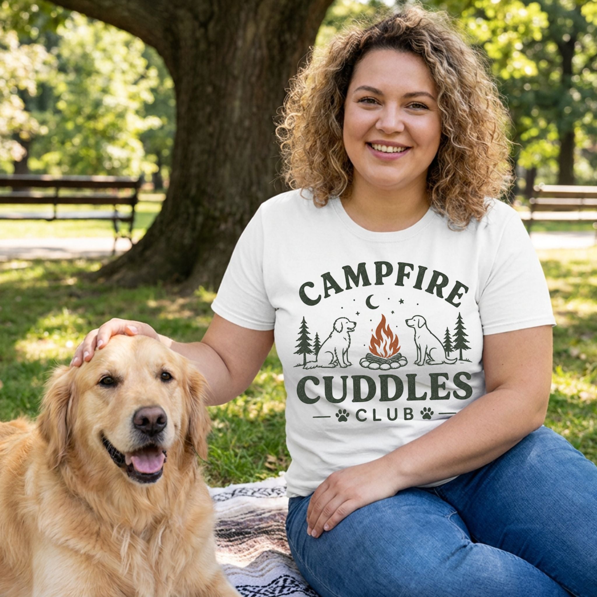 Woman wearing a white crew neck t-shirt with a Campfire Cuddles Club graphic, sitting outdoors with a golden retriever.