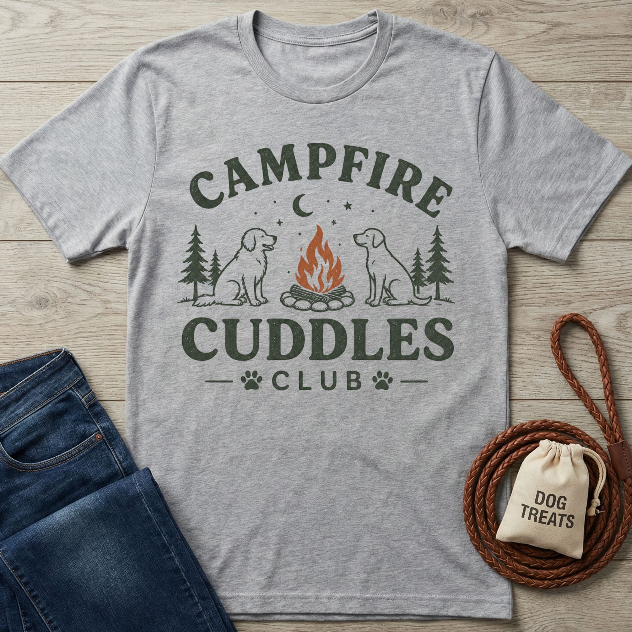 Grey crewneck t-shirt featuring a campfire, pine trees, and two dogs with the text Campfire Cuddles Club printed on front.