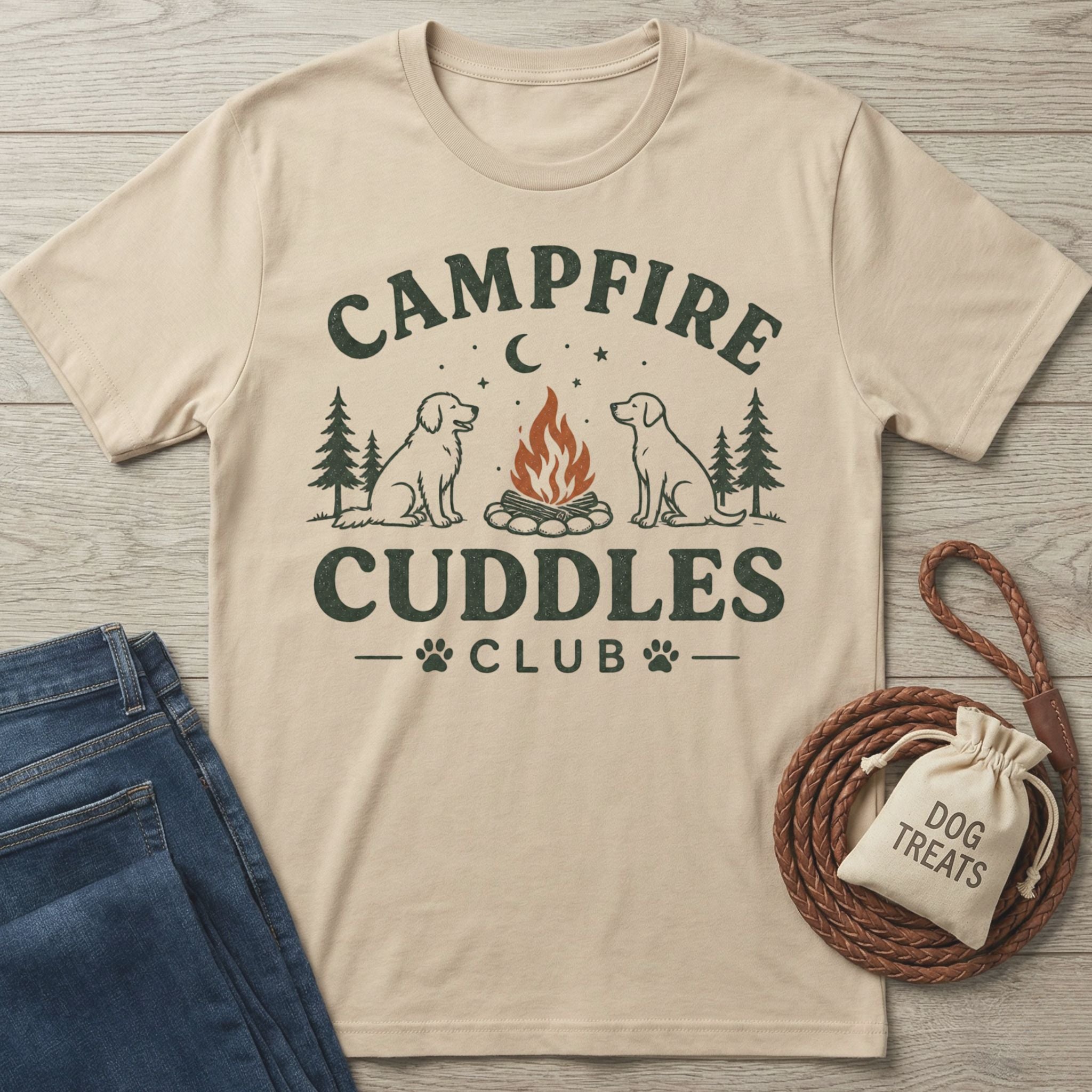 Beige cotton t-shirt featuring a campfire and dog graphic with Campfire Cuddles Club text, laid flat on a wooden surface.