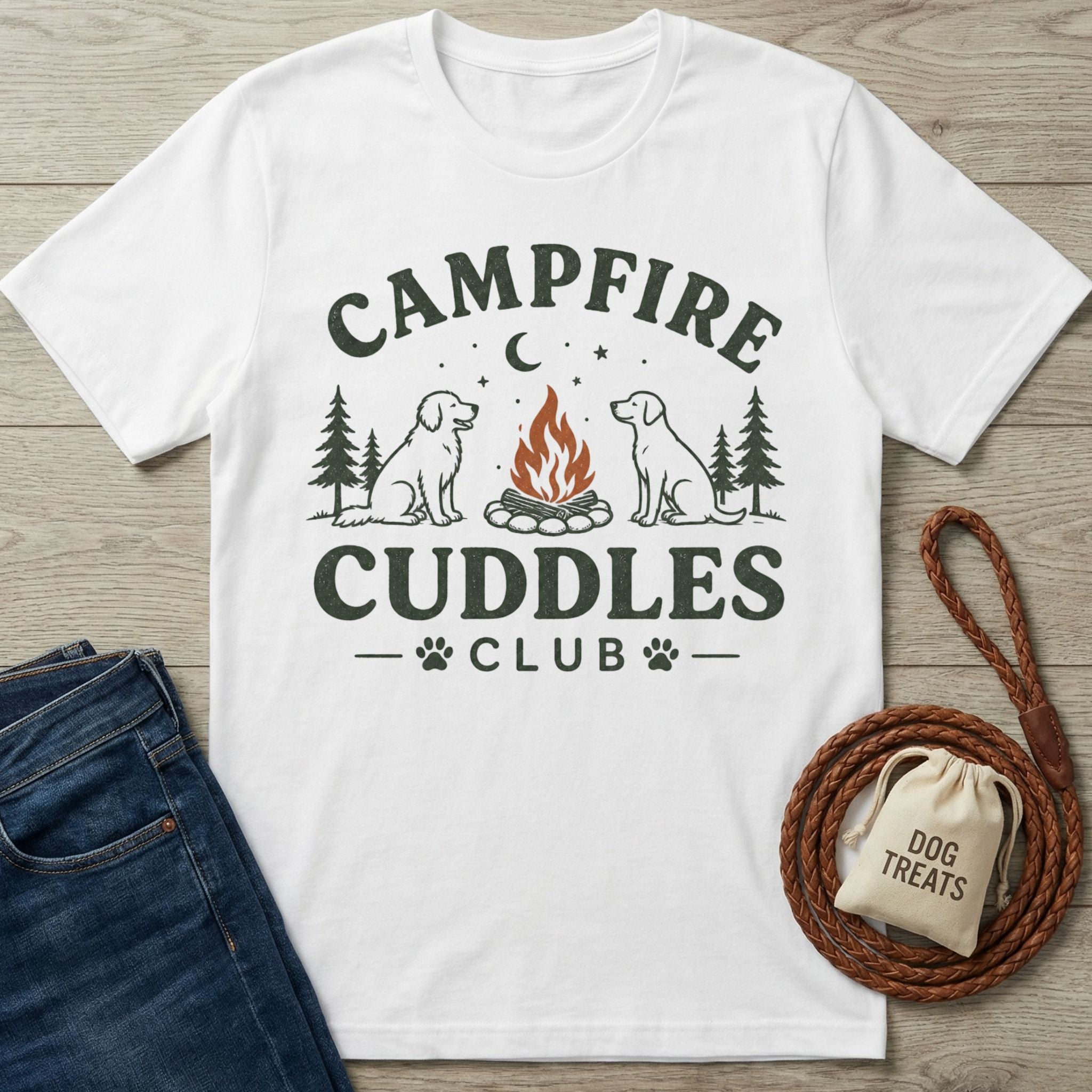 White crewneck t-shirt featuring a campfire, pine trees, and two dogs with Campfire Cuddles Club text graphic.