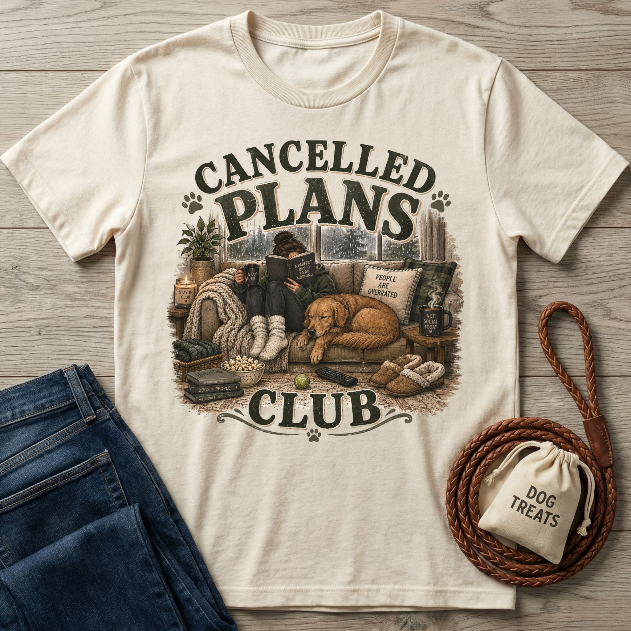 Cream-colored graphic t-shirt featuring a cozy illustration of a person reading with their dog on a couch.