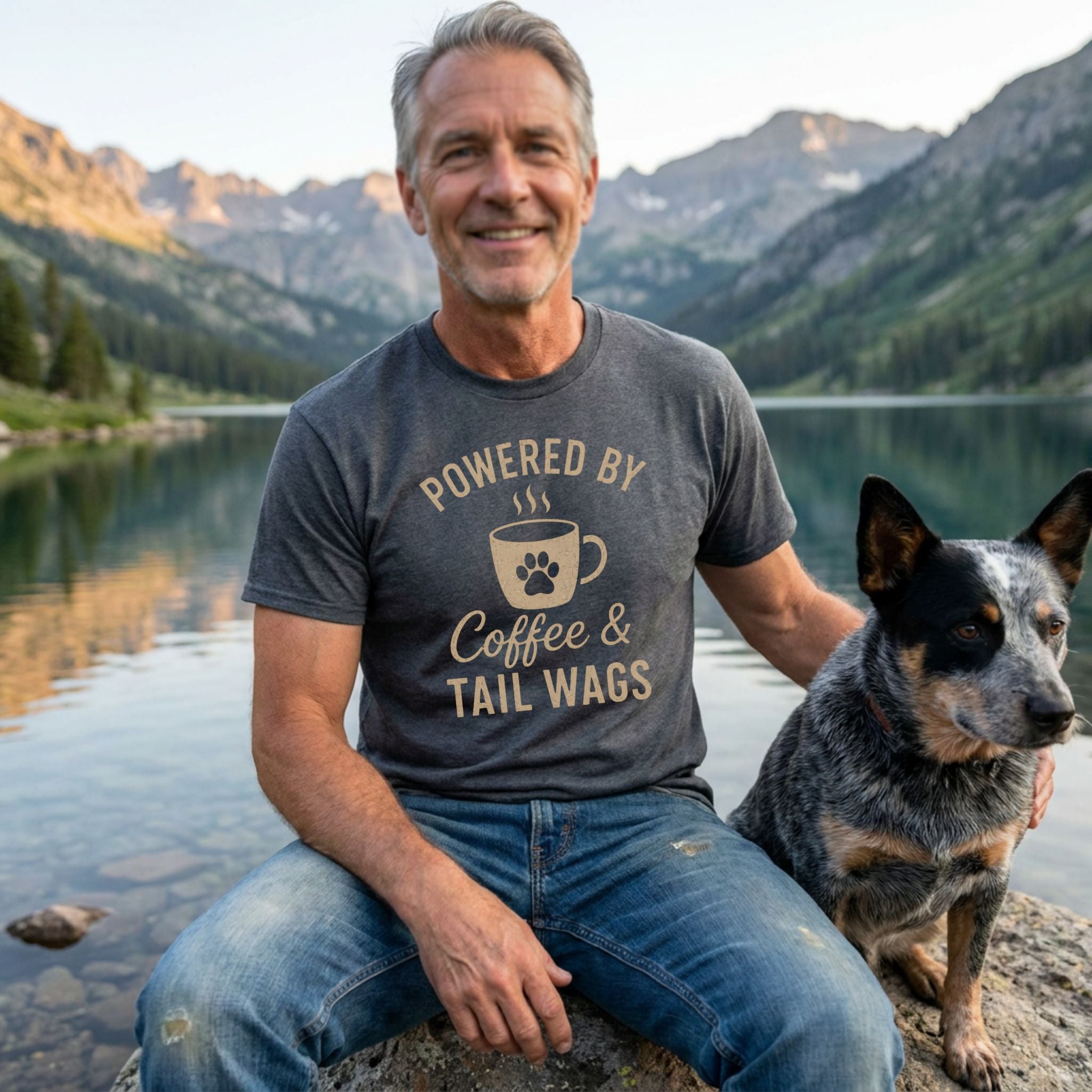 Man in a charcoal "Powered by Coffee & Tail Wags" T-shirt with a blue heeler dog by a mountain lake.