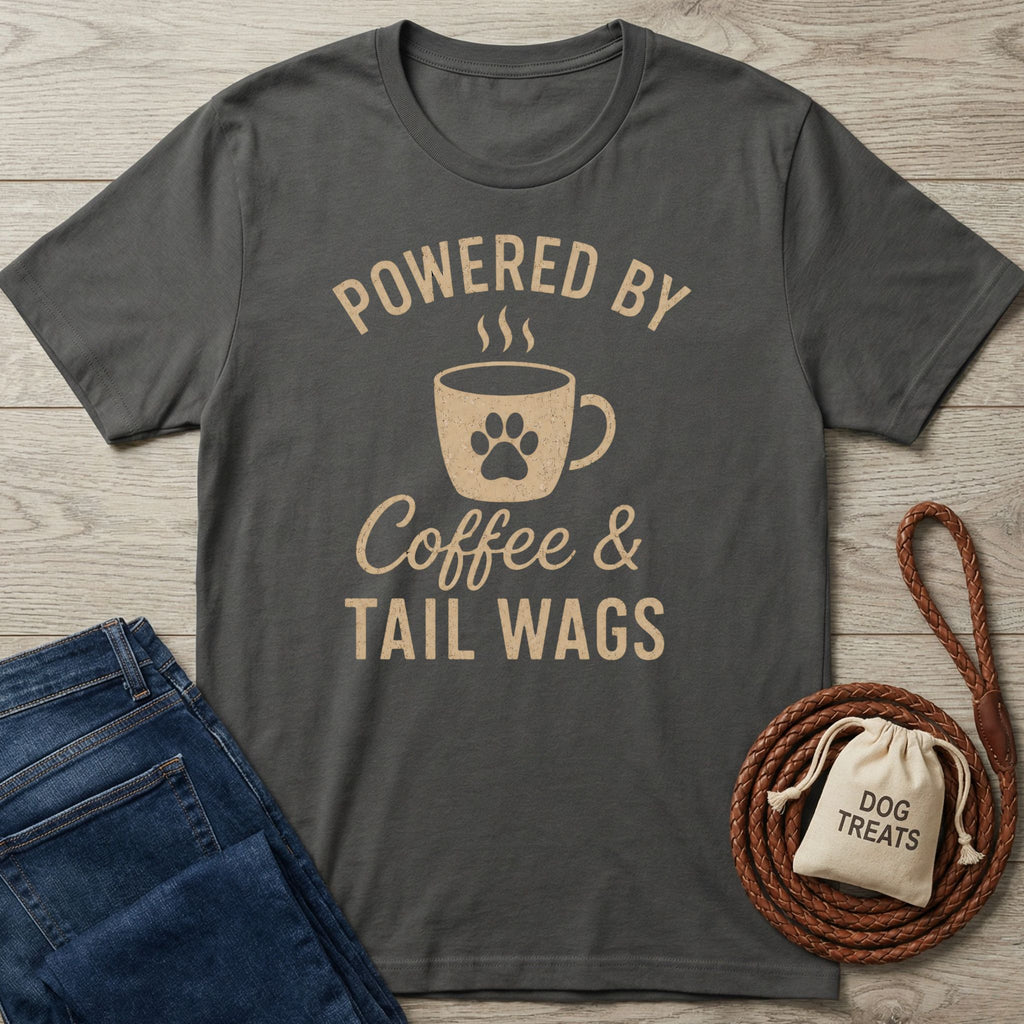 Charcoal gray t-shirt with "Powered by Coffee & Tail Wags" design featuring a paw print coffee mug.