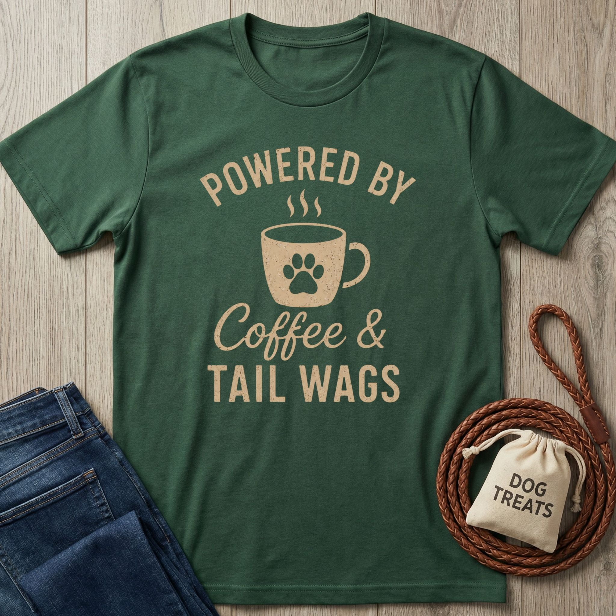 Dark green t-shirt with "Powered by Coffee & Tail Wags" design featuring a paw print coffee mug.