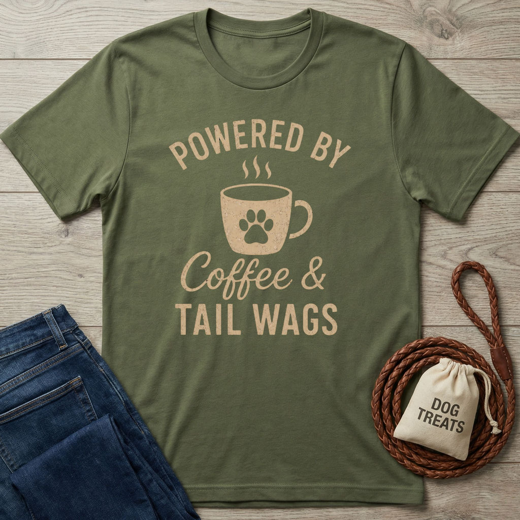Olive green t-shirt with "Powered by Coffee & Tail Wags" design featuring a paw print coffee mug.