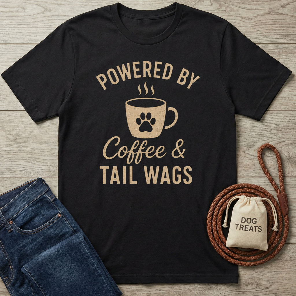 Black t-shirt t-shirt with "Powered by Coffee & Tail Wags" design featuring a paw print coffee mug.