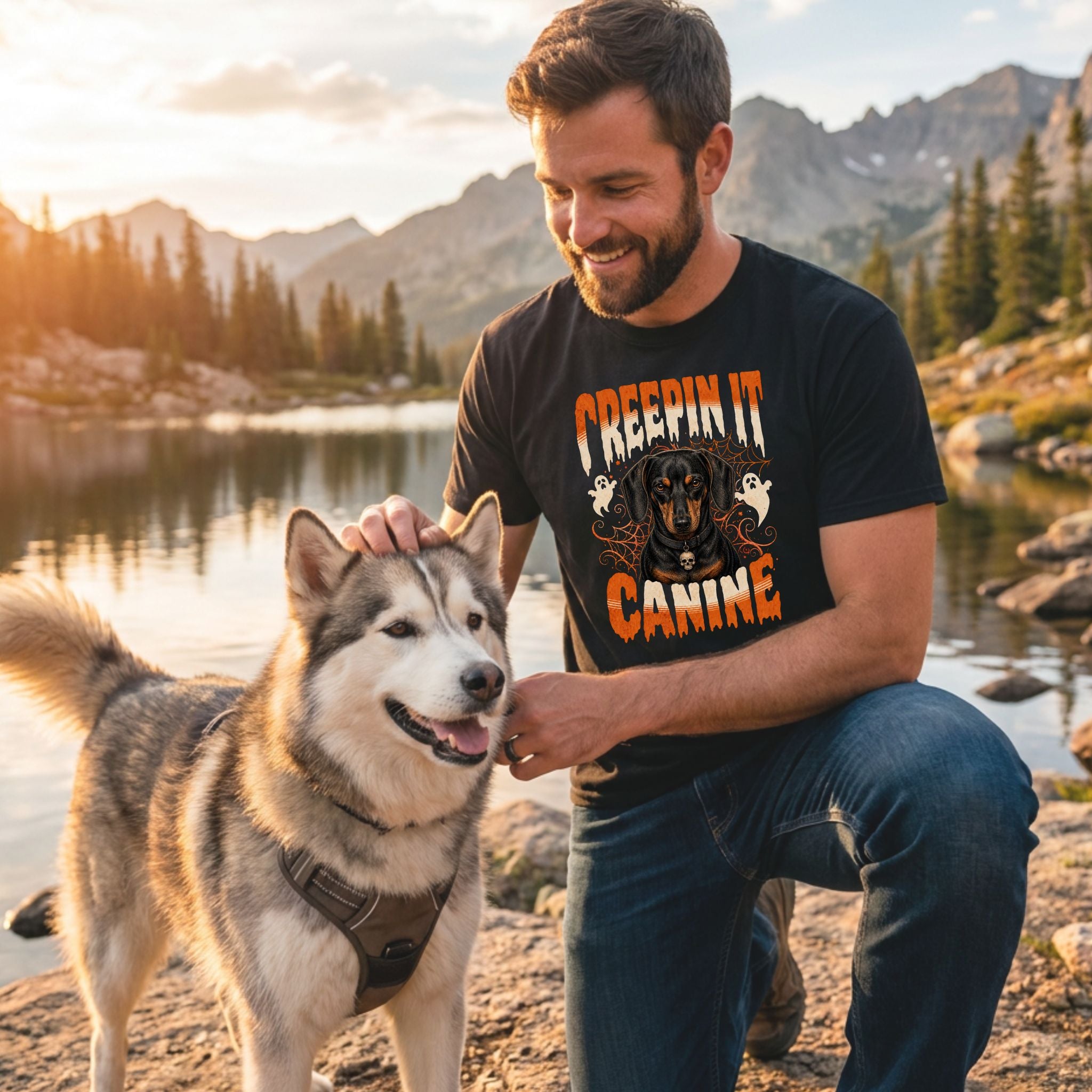 Man wearing a black t-shirt with a Creepin It Canine Dachshund graphic, featuring orange text and ghosts by a mountain lake.