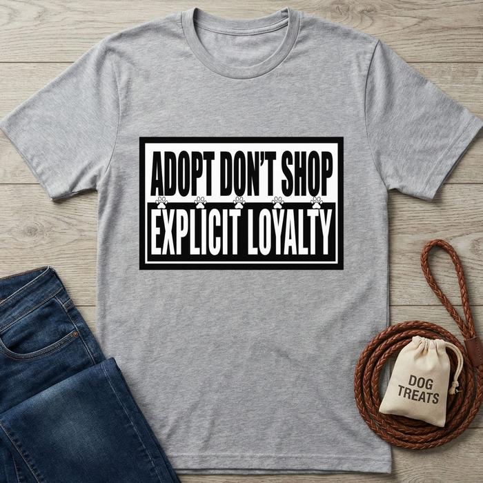 Gray cotton t-shirt with "ADOPT DON'T SHOP EXPLICIT LOYALTY" text, paw prints, jeans, and dog treats.