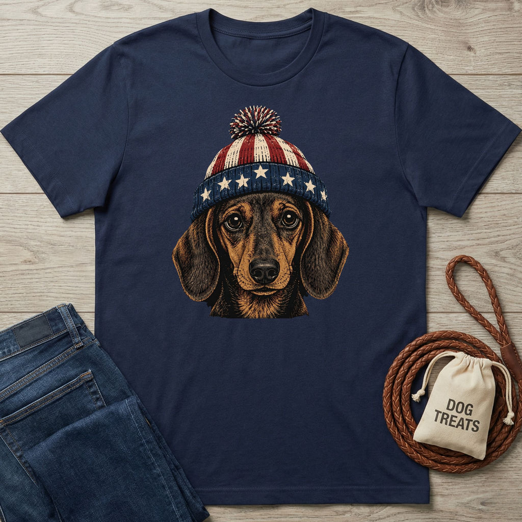 Navy blue t-shirt with a vintage patriotic dachshund wearing a stars and stripes pom-pom hat.