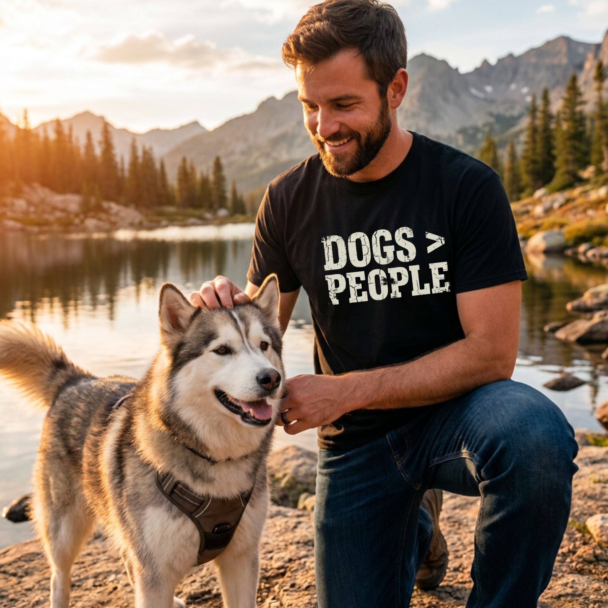 Man in black "Dogs > People" Gildan Softstyle tee petting a husky by a lake at sunset.