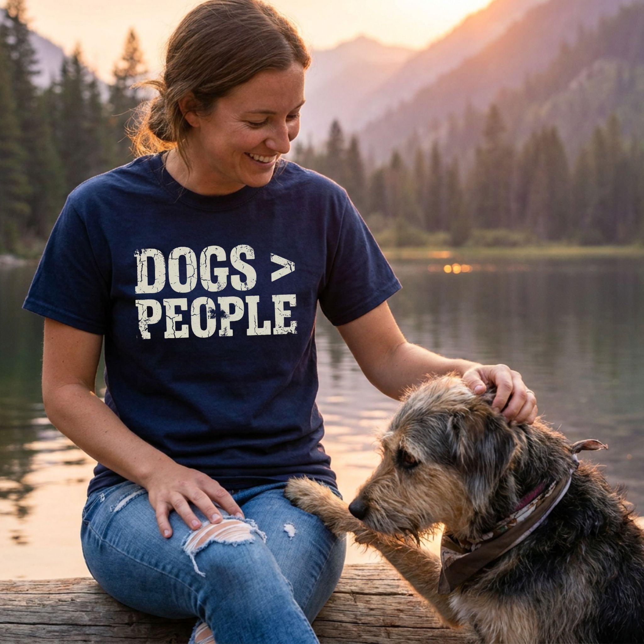 Woman in a navy "Dogs > People" Gildan Softstyle tee petting a dog by a lake at sunset.