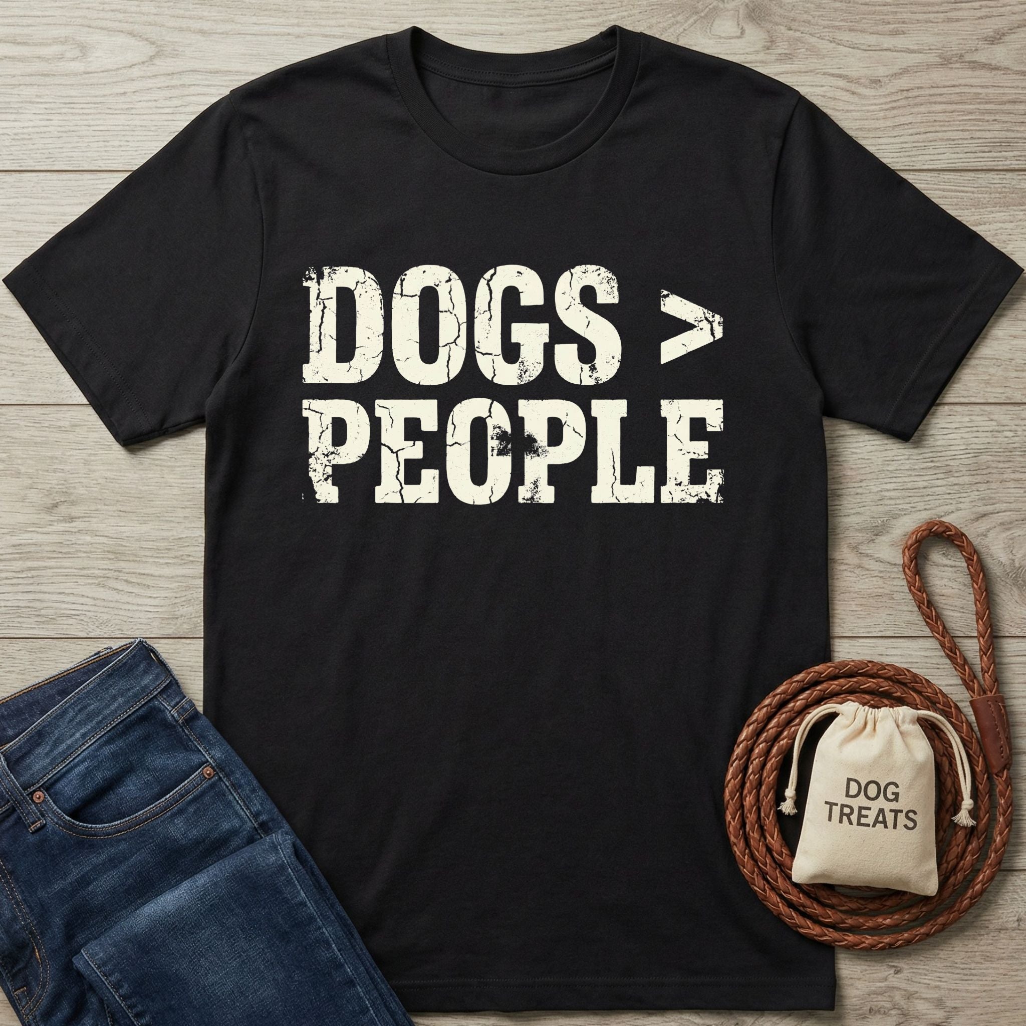 Black Gildan Softstyle 64000 tee with "DOGS > PEOPLE" distressed text, next to jeans and dog treats.