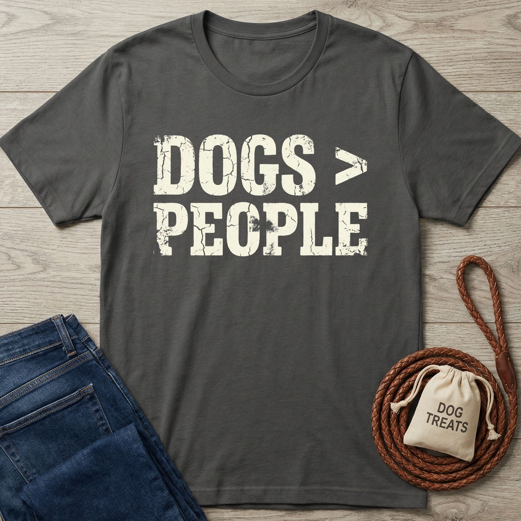 Charcoal grey Gildan Softstyle t-shirt with "DOGS > PEOPLE" in distressed white text, next to blue jeans and dog treats.