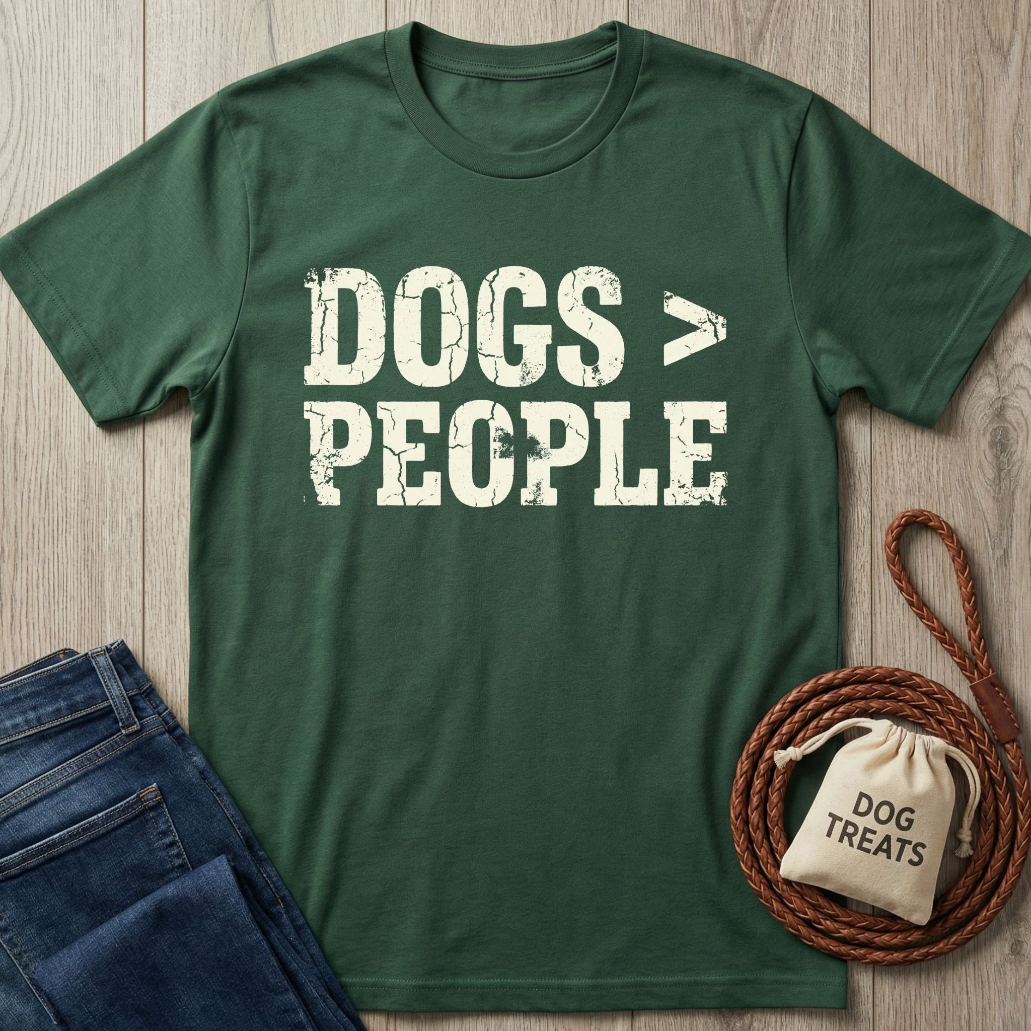 Dark green Gildan Softstyle t-shirt with "DOGS > PEOPLE" in distressed white text, next to folded jeans and a dog treat bag.
